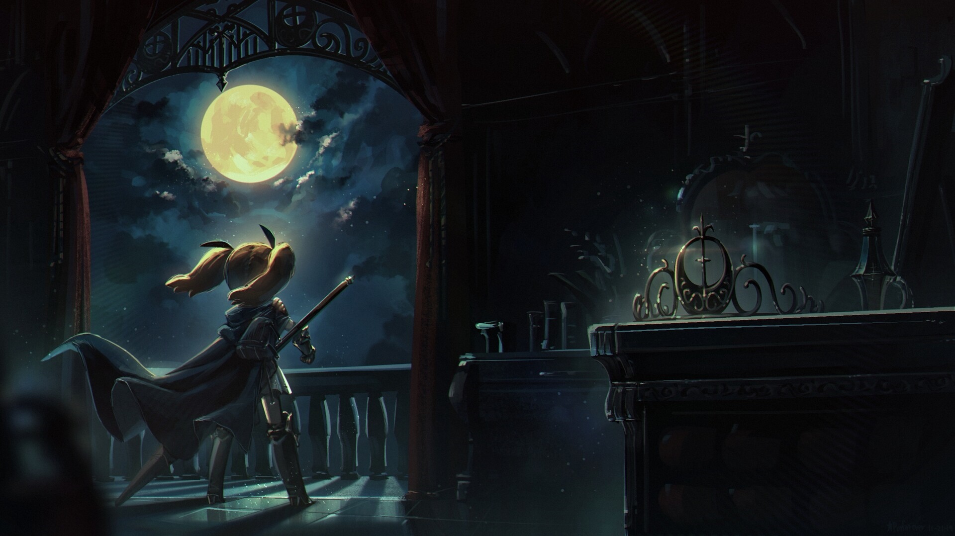 Girl with sword under full moon on balcony HD Wallpaper