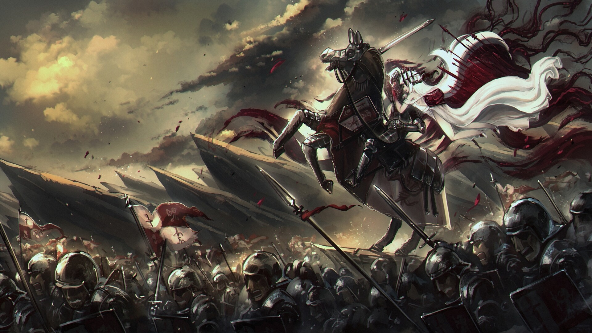 Knight on horseback leading an army with banners HD Wallpaper
