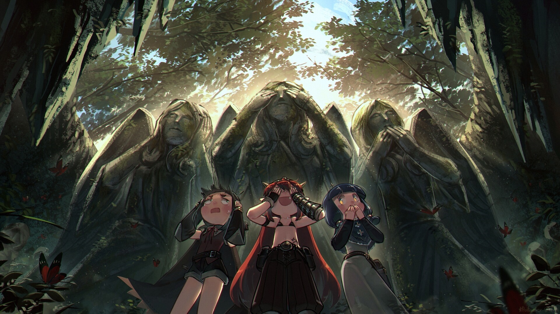 Three girls and ancient statues in a forest HD Wallpaper