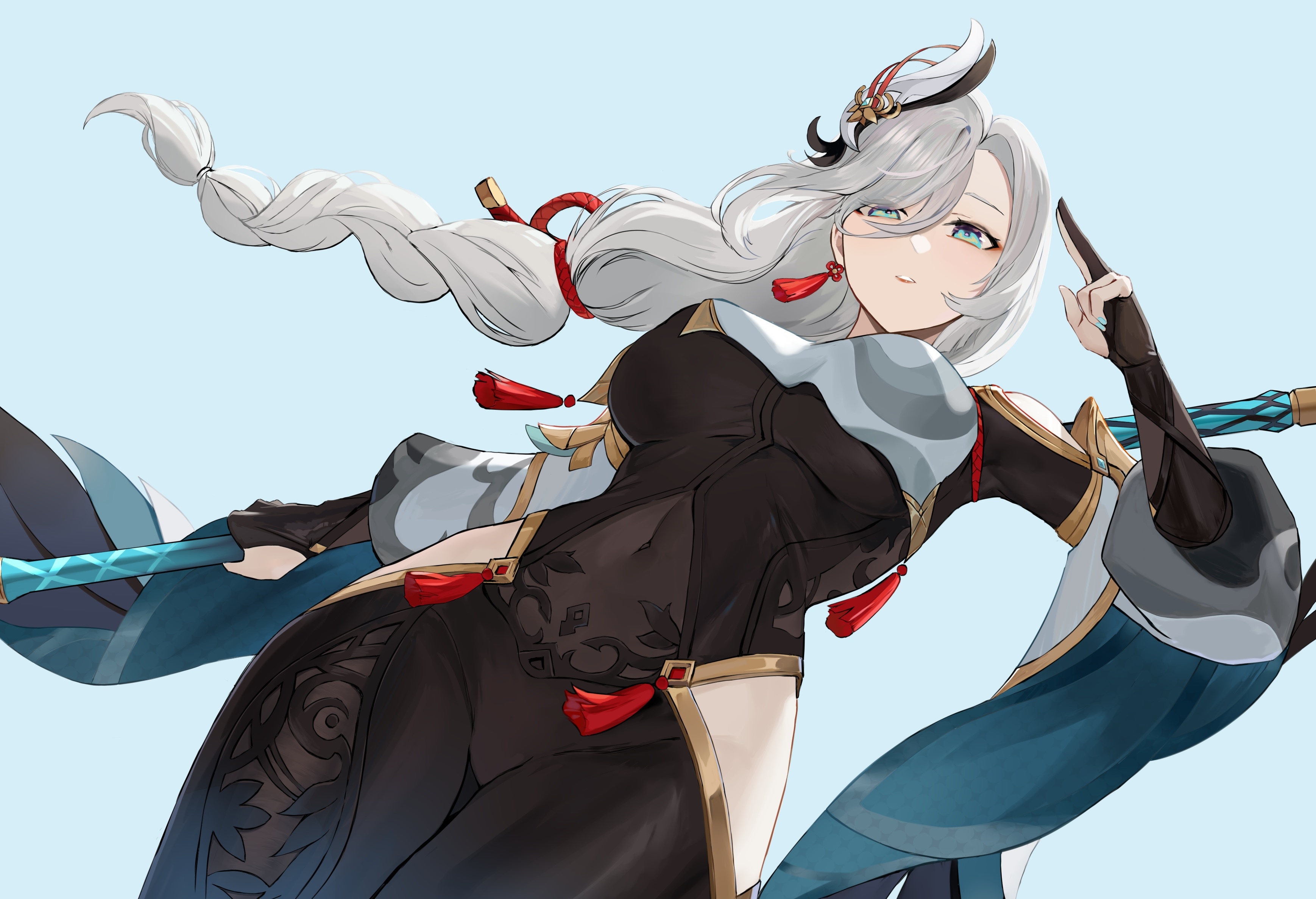 Shenhe from Genshin Impact with silver hair and blue eyes HD Wallpaper