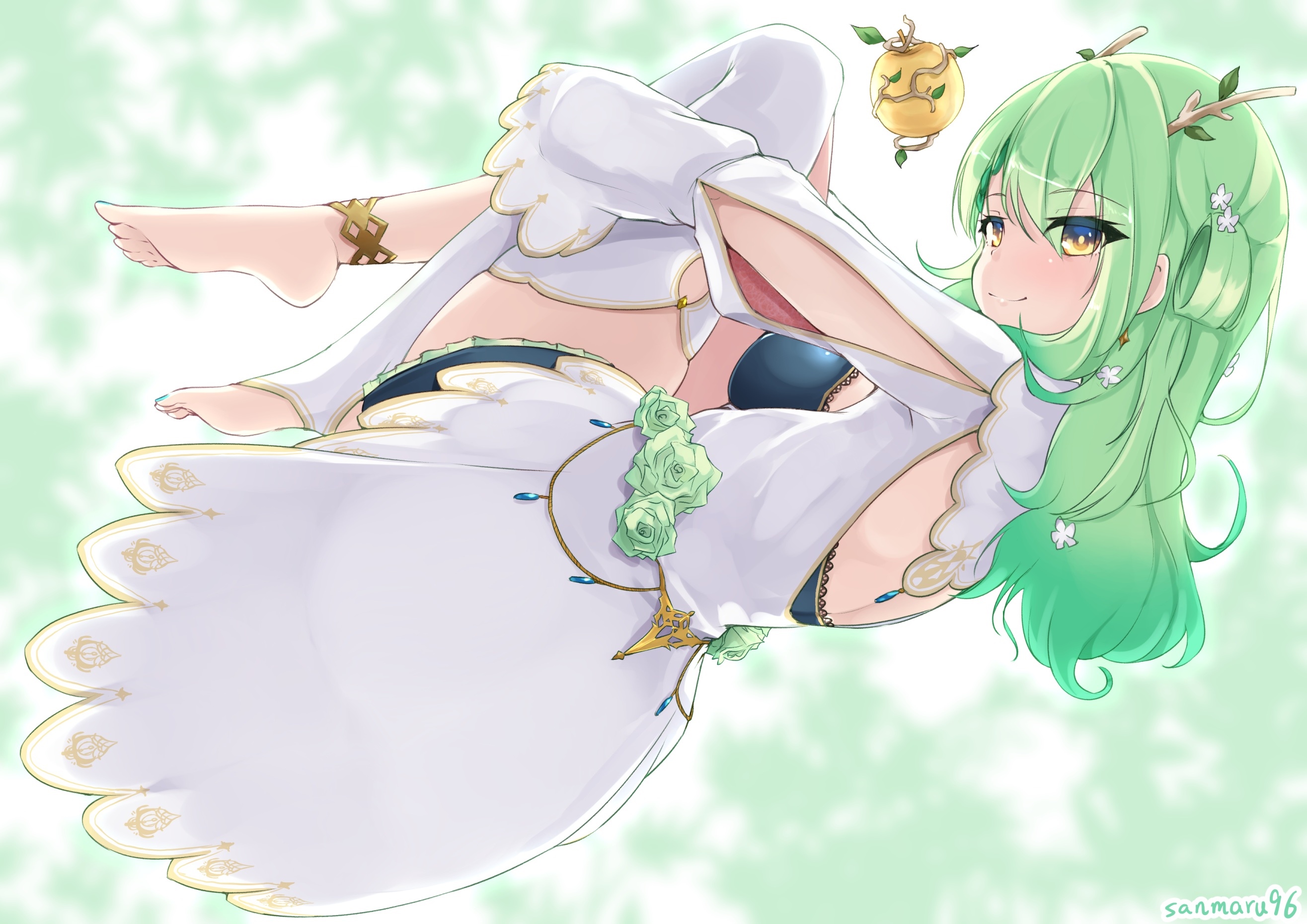 Ceres Fauna holding her knees with green hair HD Wallpaper