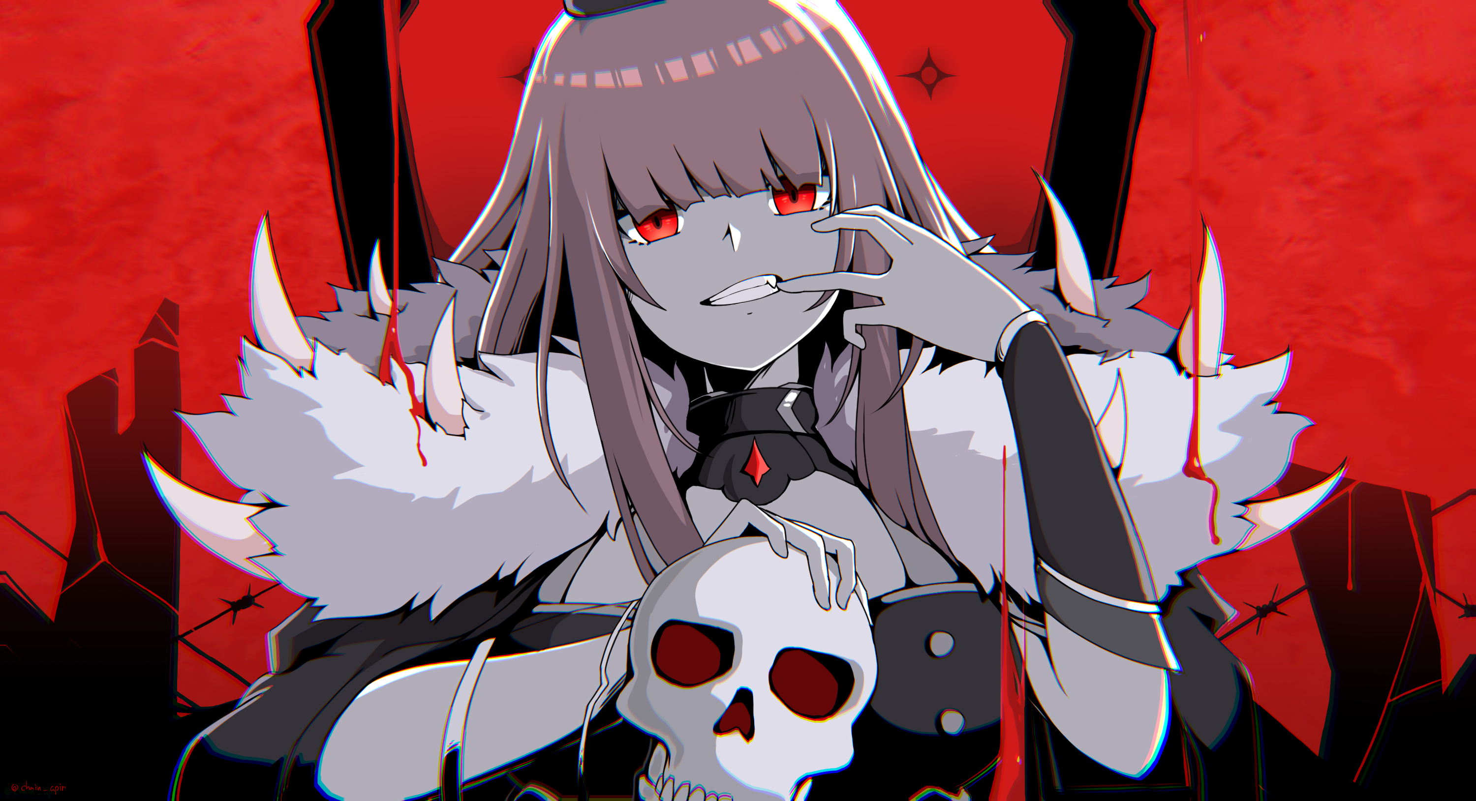 Mori Calliope holding a skull with red background HD Wallpaper