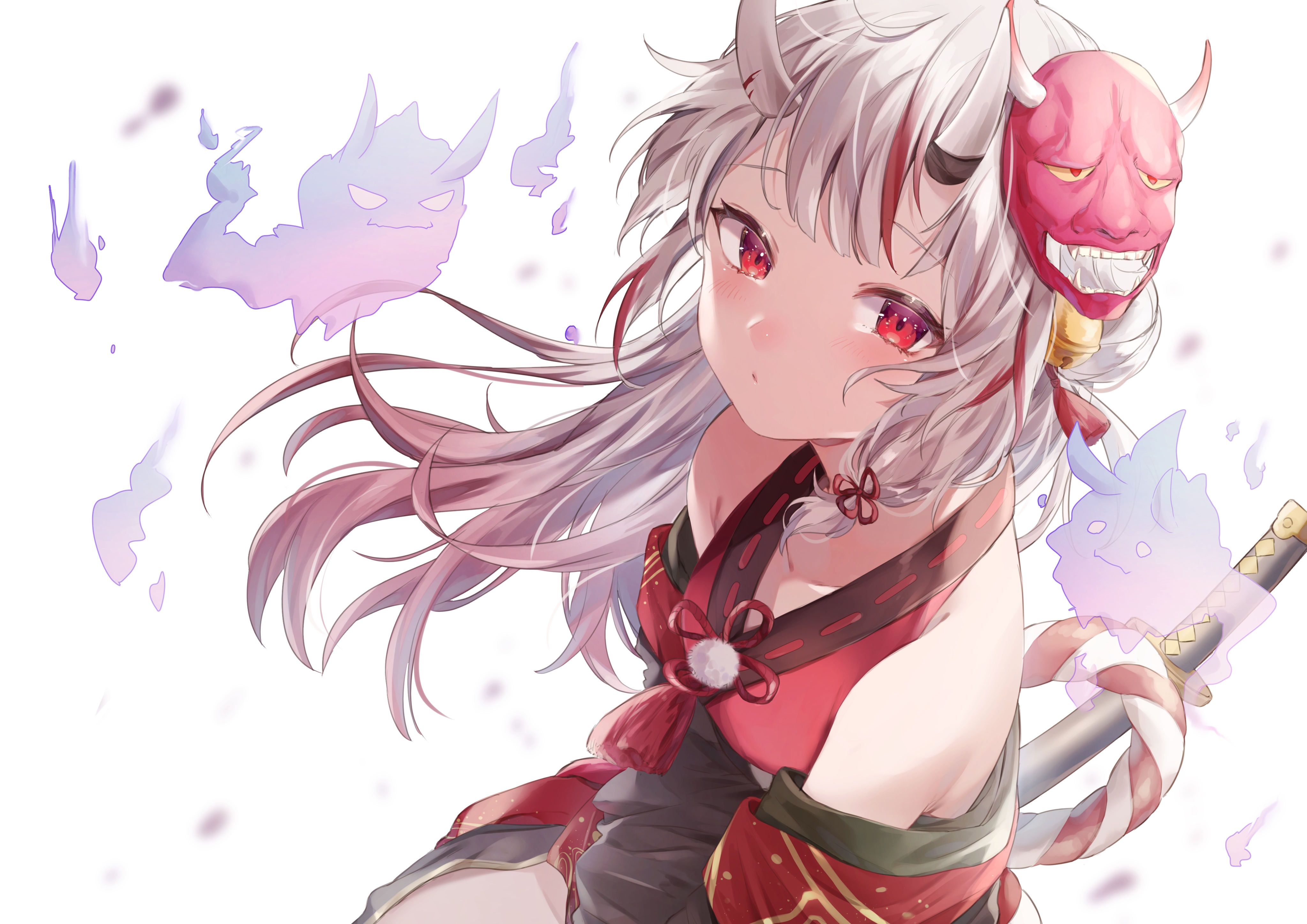 Nakiri Ayame with Oni Mask and Ghosts HD Wallpaper