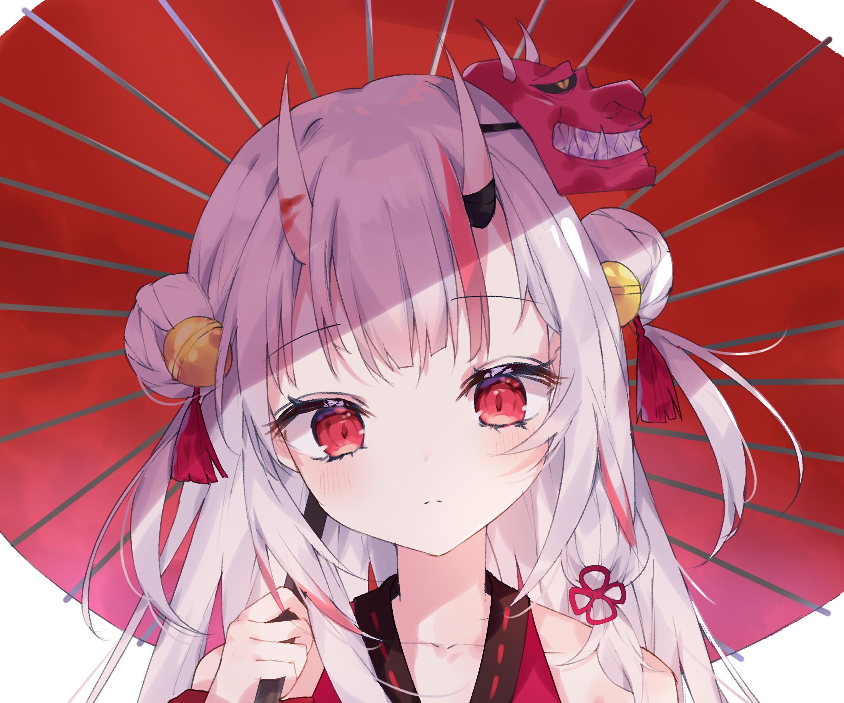 Nakiri Ayame with a red umbrella and oni mask HD Wallpaper