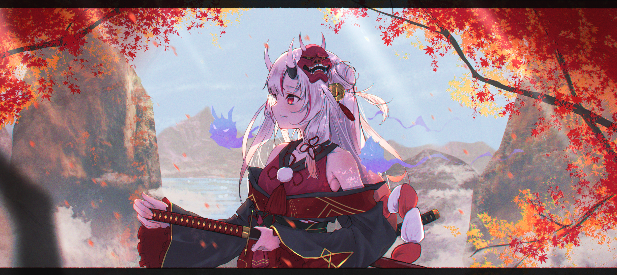Nakiri Ayame with Oni Mask in Fall Scenery HD Wallpaper