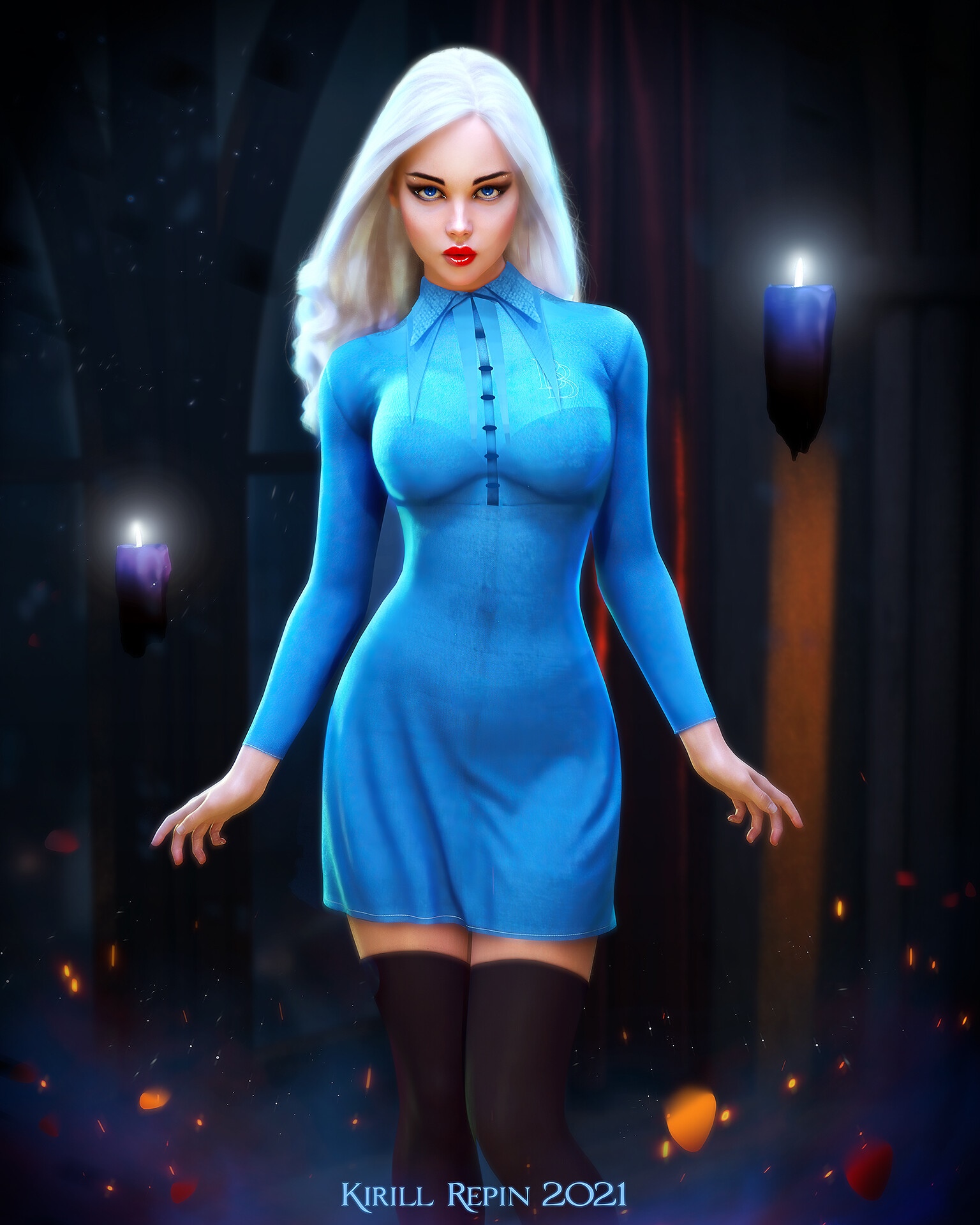 Fleur Delacour in a blue dress with silver hair HD Phone Wallpaper
