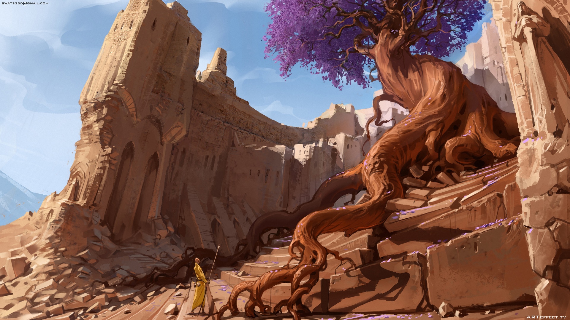 Fantasy ruins with a large tree and a person HD Wallpaper