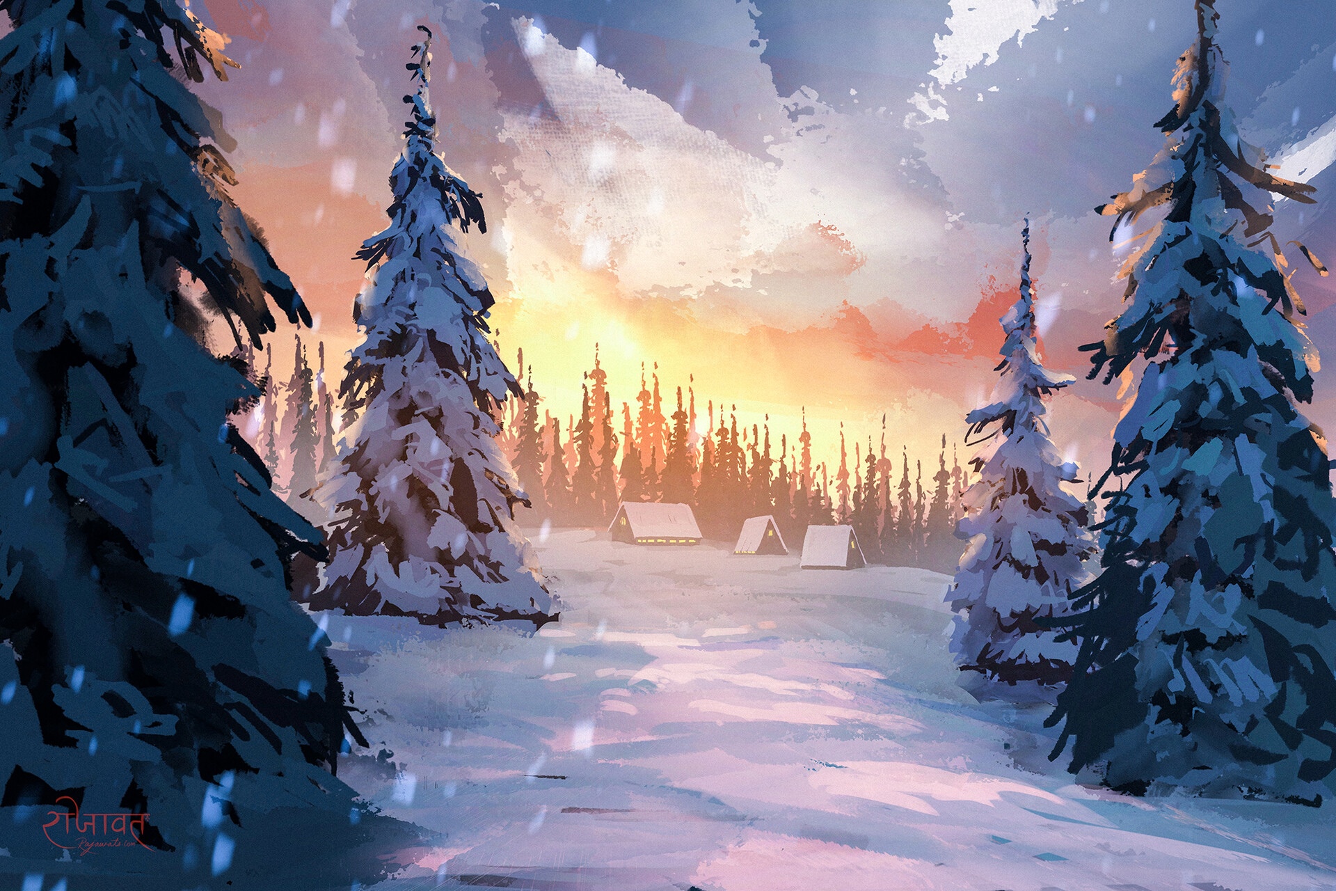 Snowy forest with cabins at sunset HD Wallpaper