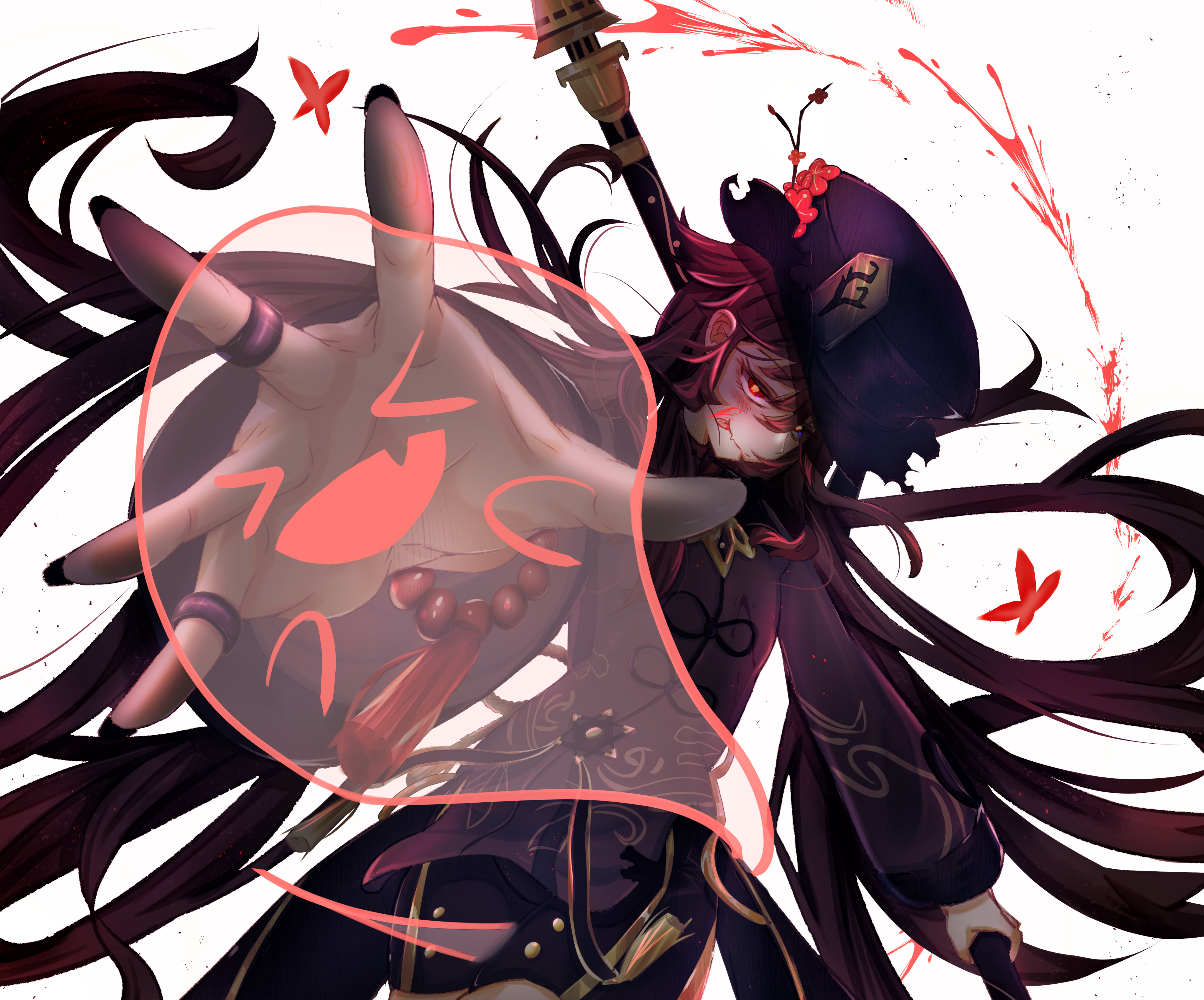 Hu Tao from Genshin Impact with red butterflies HD Wallpaper