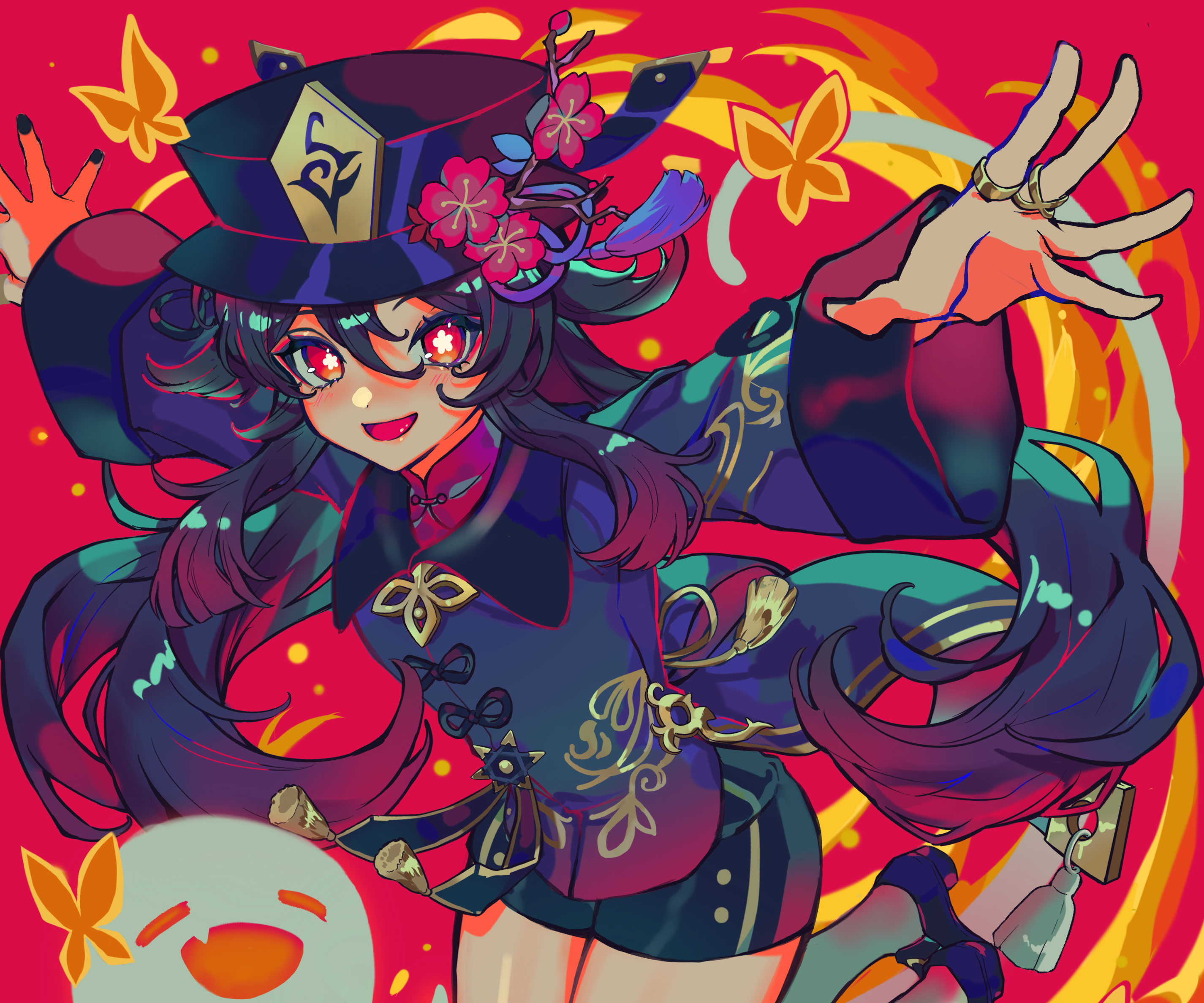 Hu Tao from Genshin Impact with a ghost HD Wallpaper