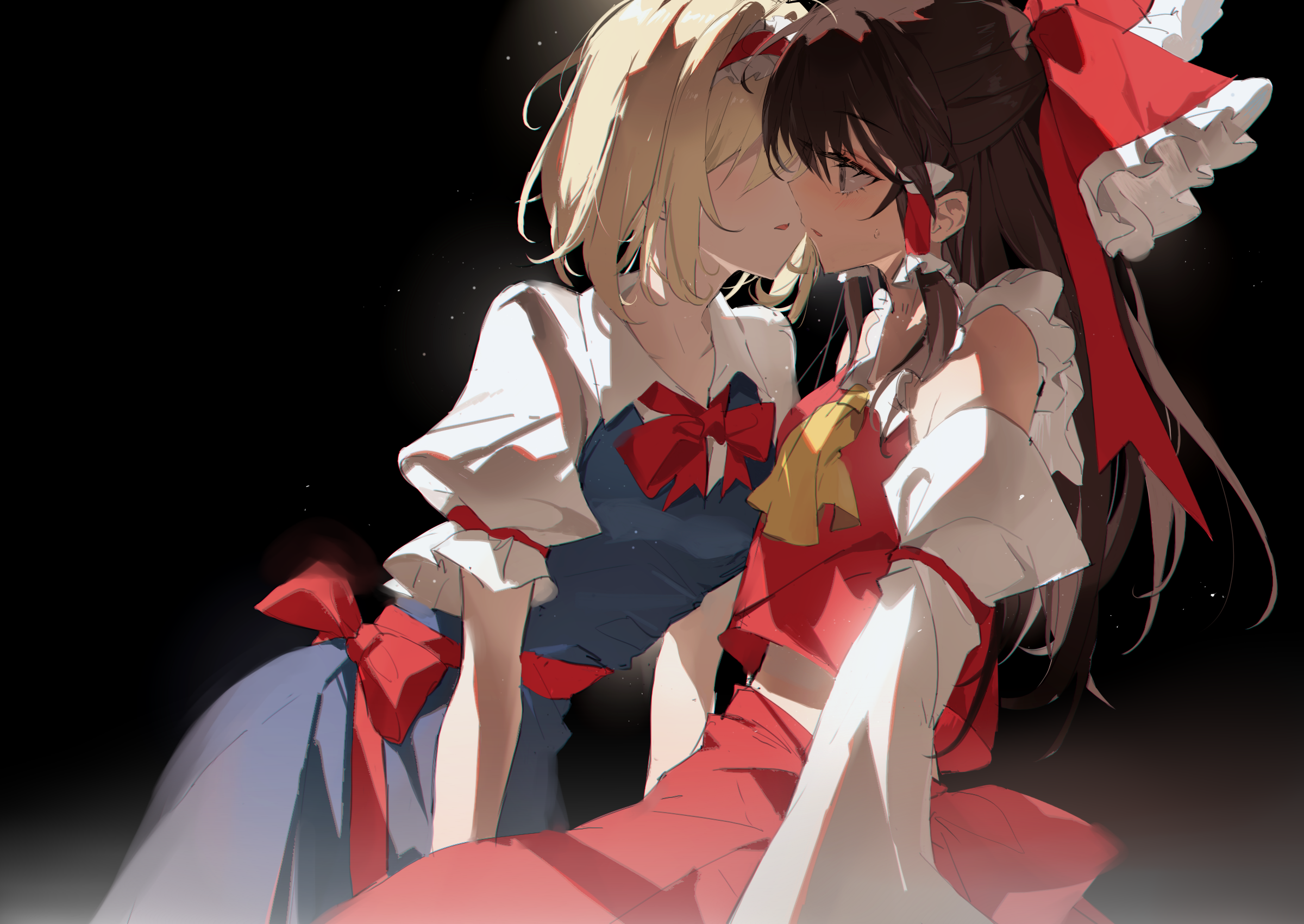 Reimu Hakurei and Alice Margatroid sharing a kiss HD Wallpaper