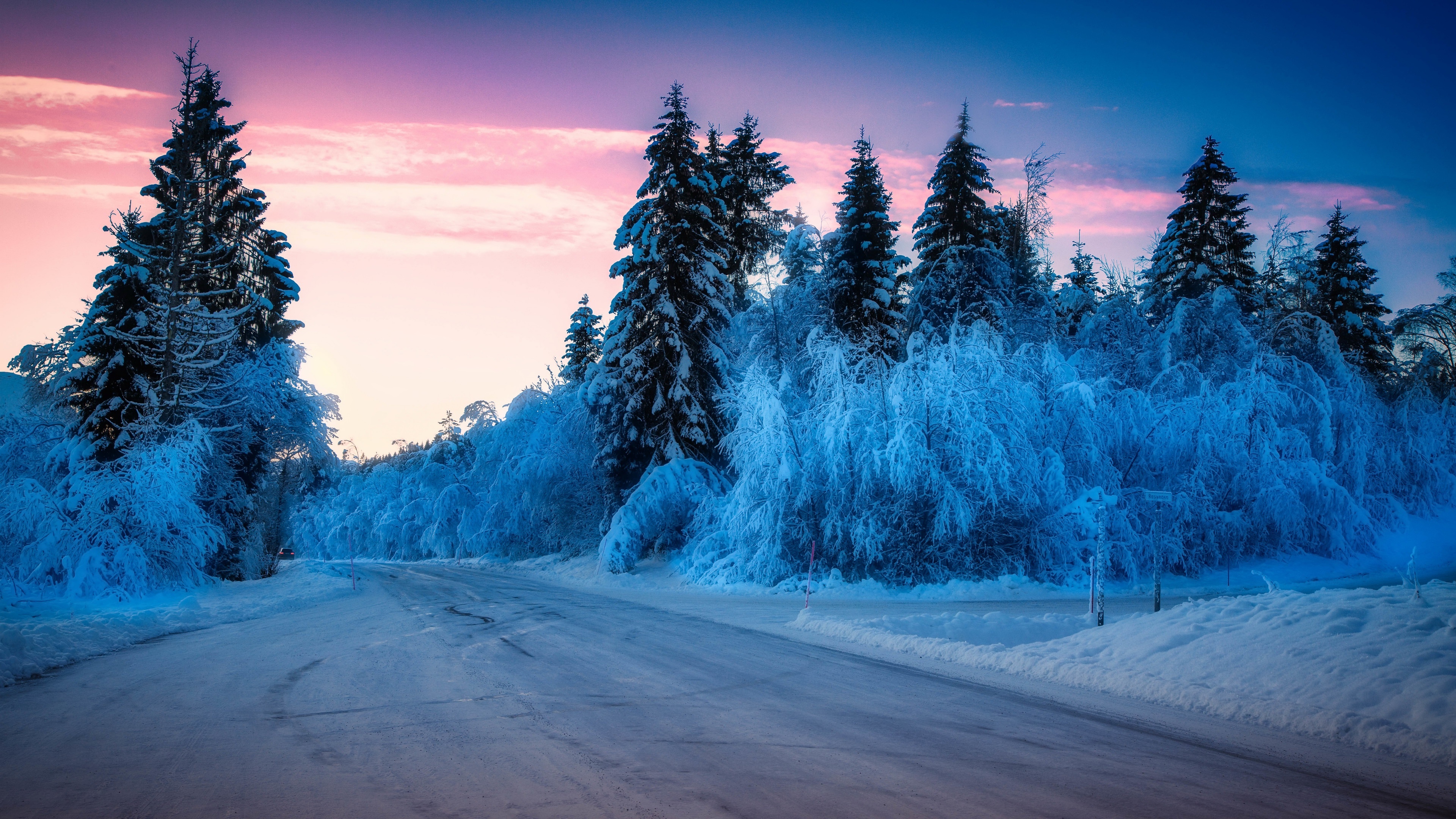 4K Winter Road with Snow-Covered Trees and Purple Sky HD Wallpaper