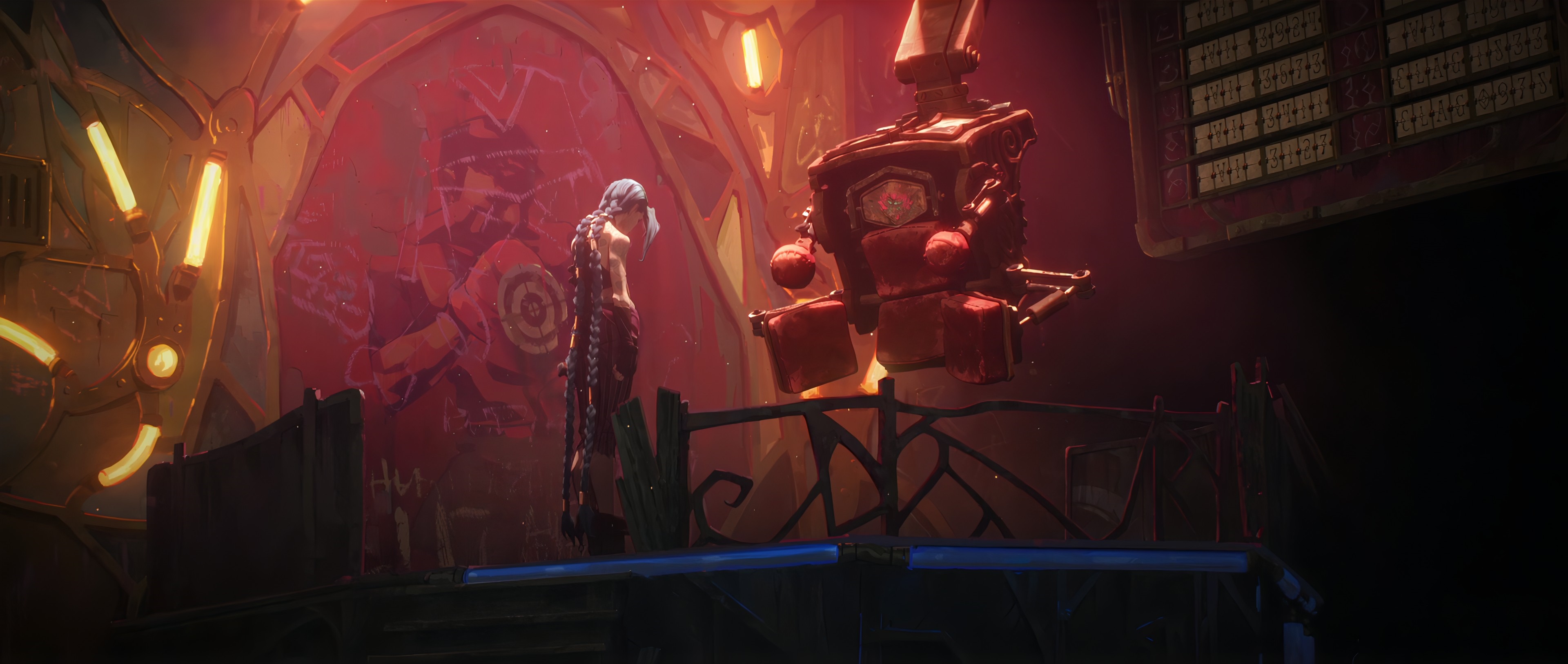 Jinx in Arcane with a large red machine HD Wallpaper