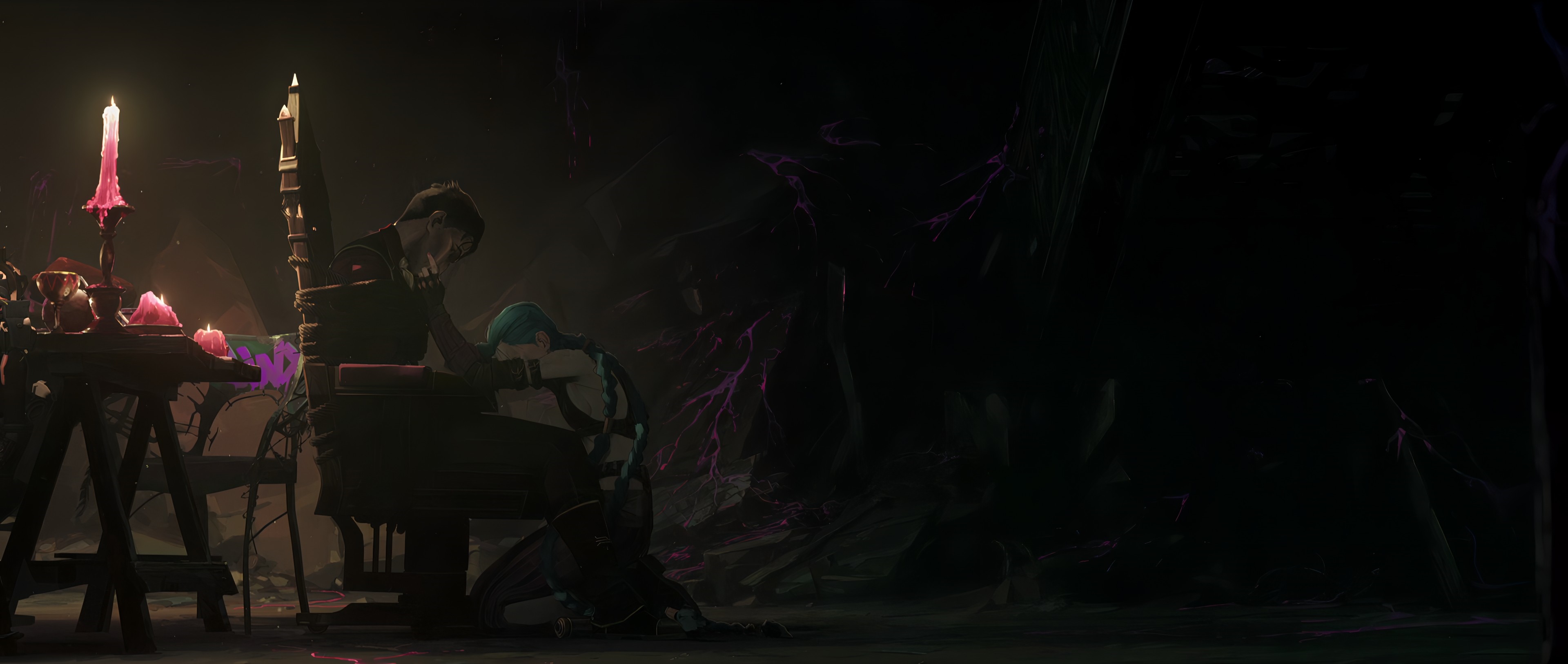Arcane: Jinx and Vi in a dark room HD Wallpaper
