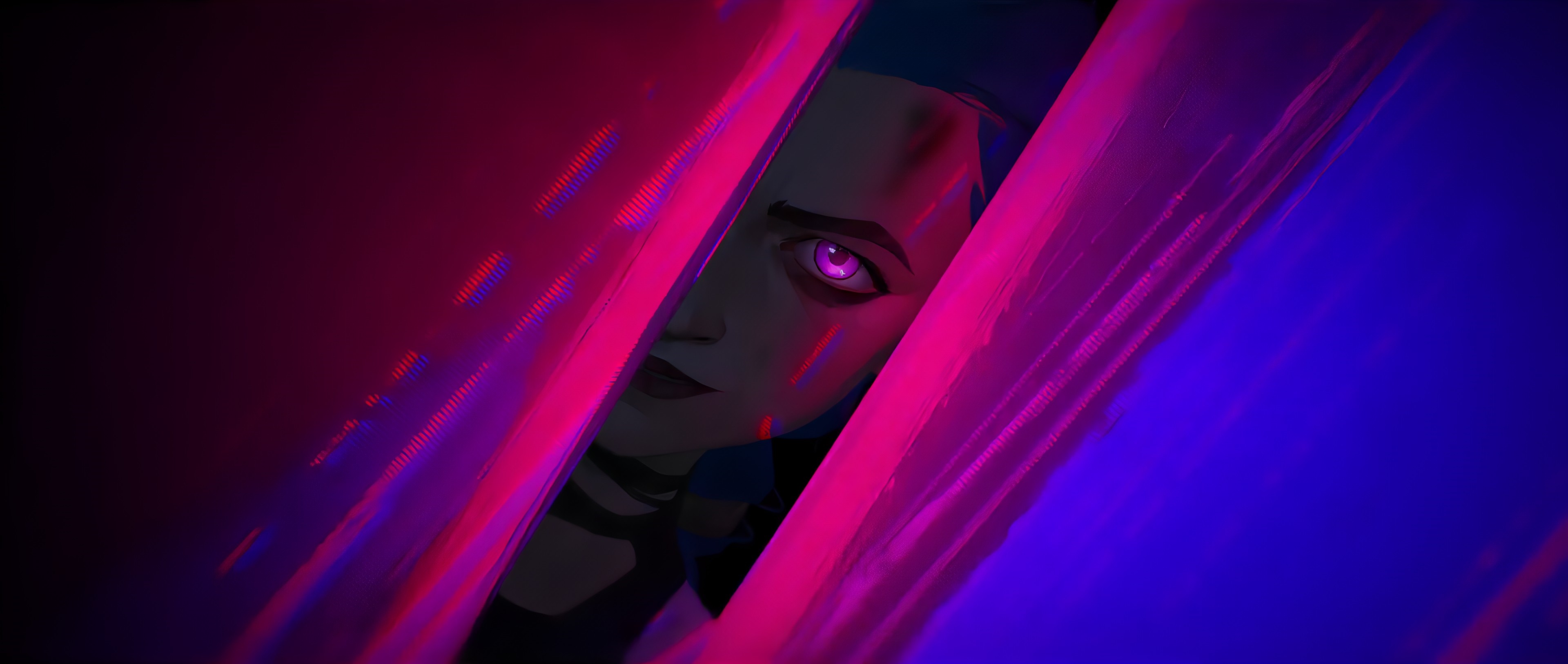 4K Arcane Jinx Peeking Through Pink and Blue Lights HD Wallpaper