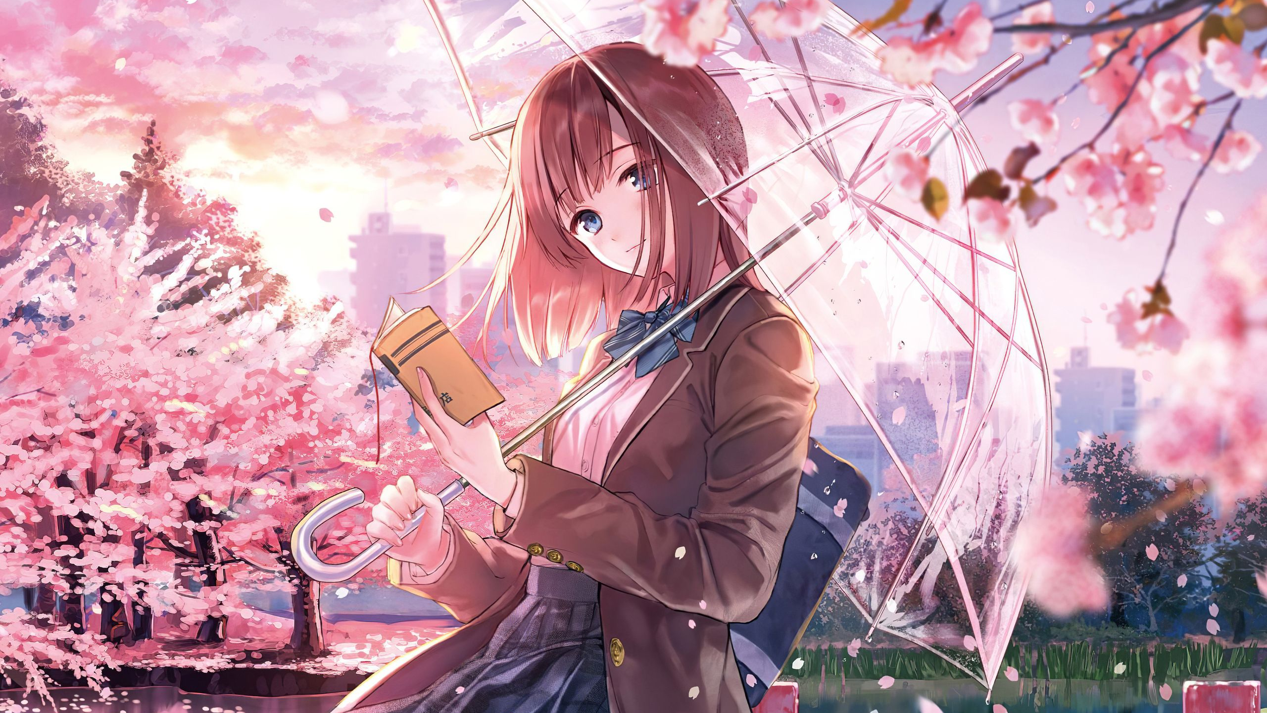 Anime girl with umbrella reading a book under cherry blossoms HD Wallpaper