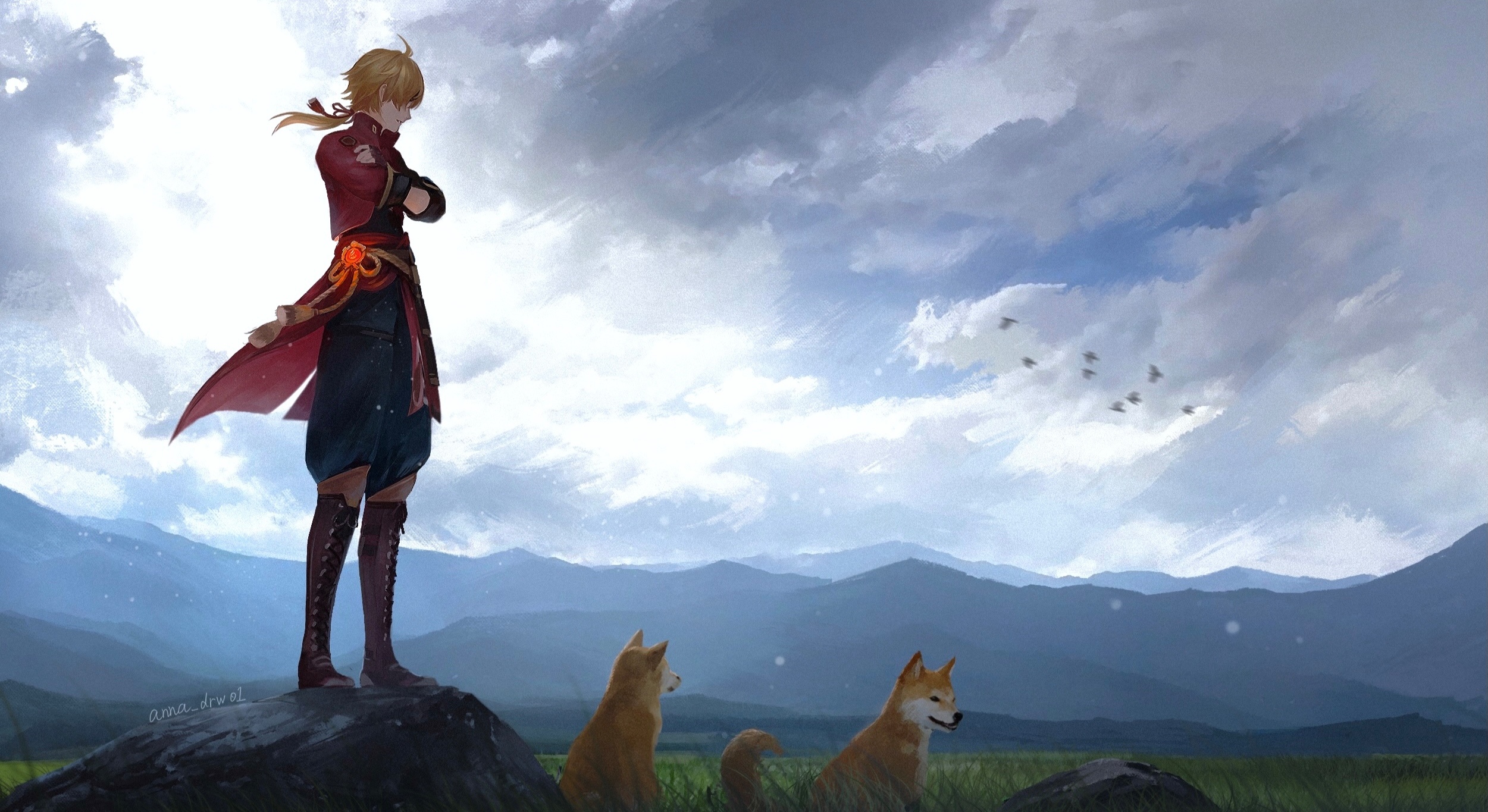 Thoma and dogs in a landscape HD Wallpaper