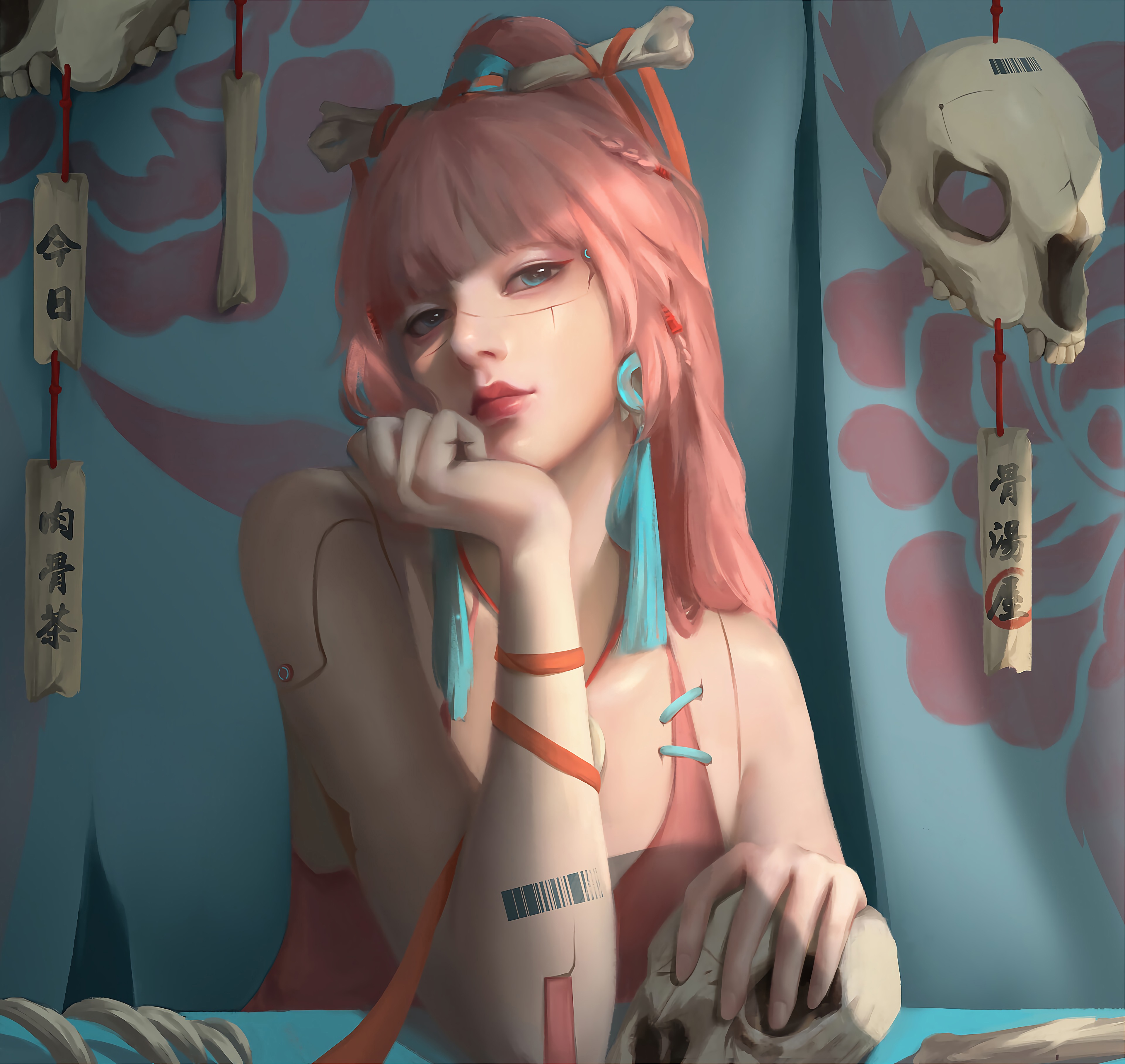 4K Woman with Pink Hair and Skeletons HD Wallpaper