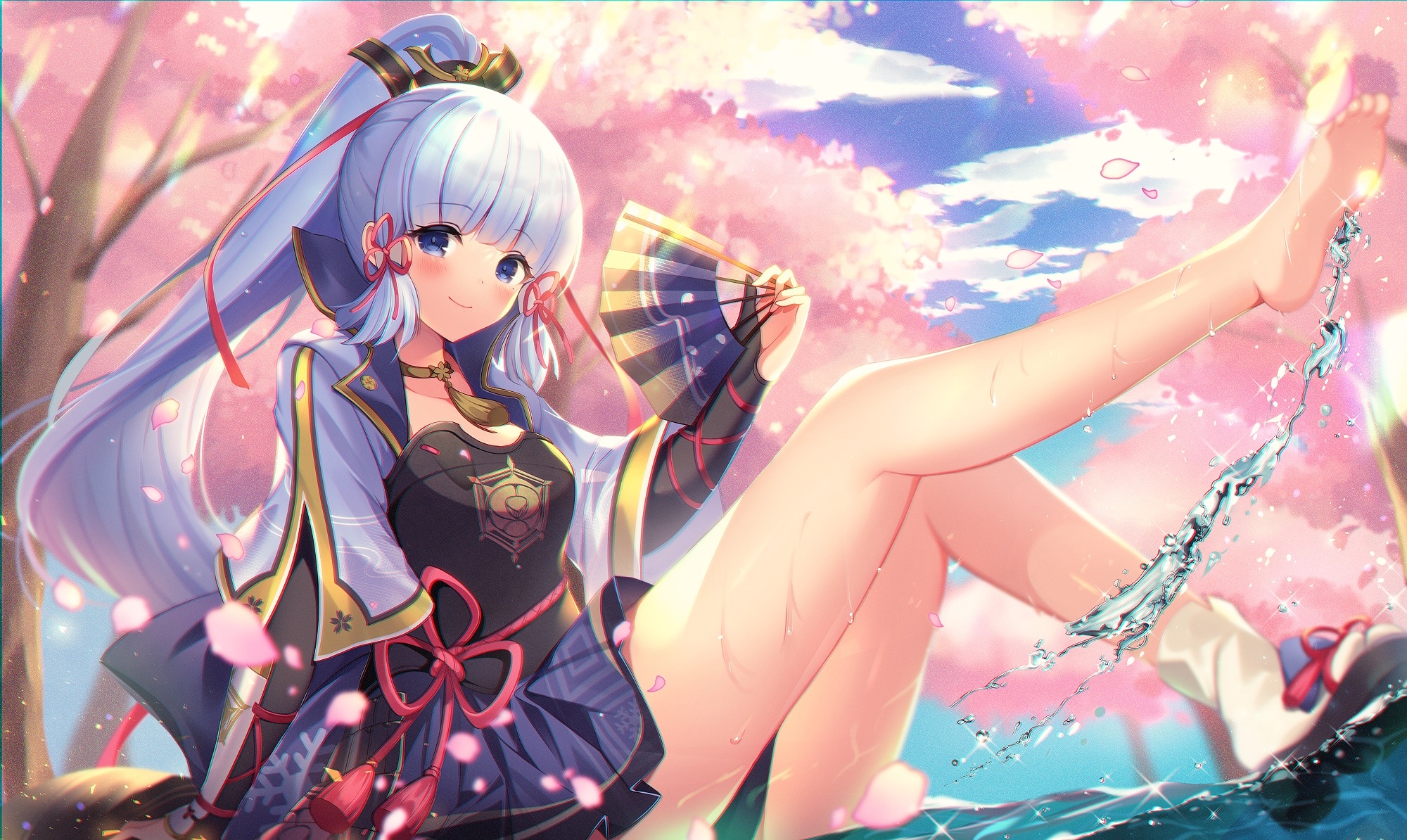 Kamisato Ayaka from Genshin Impact with cherry blossoms and water HD Wallpaper