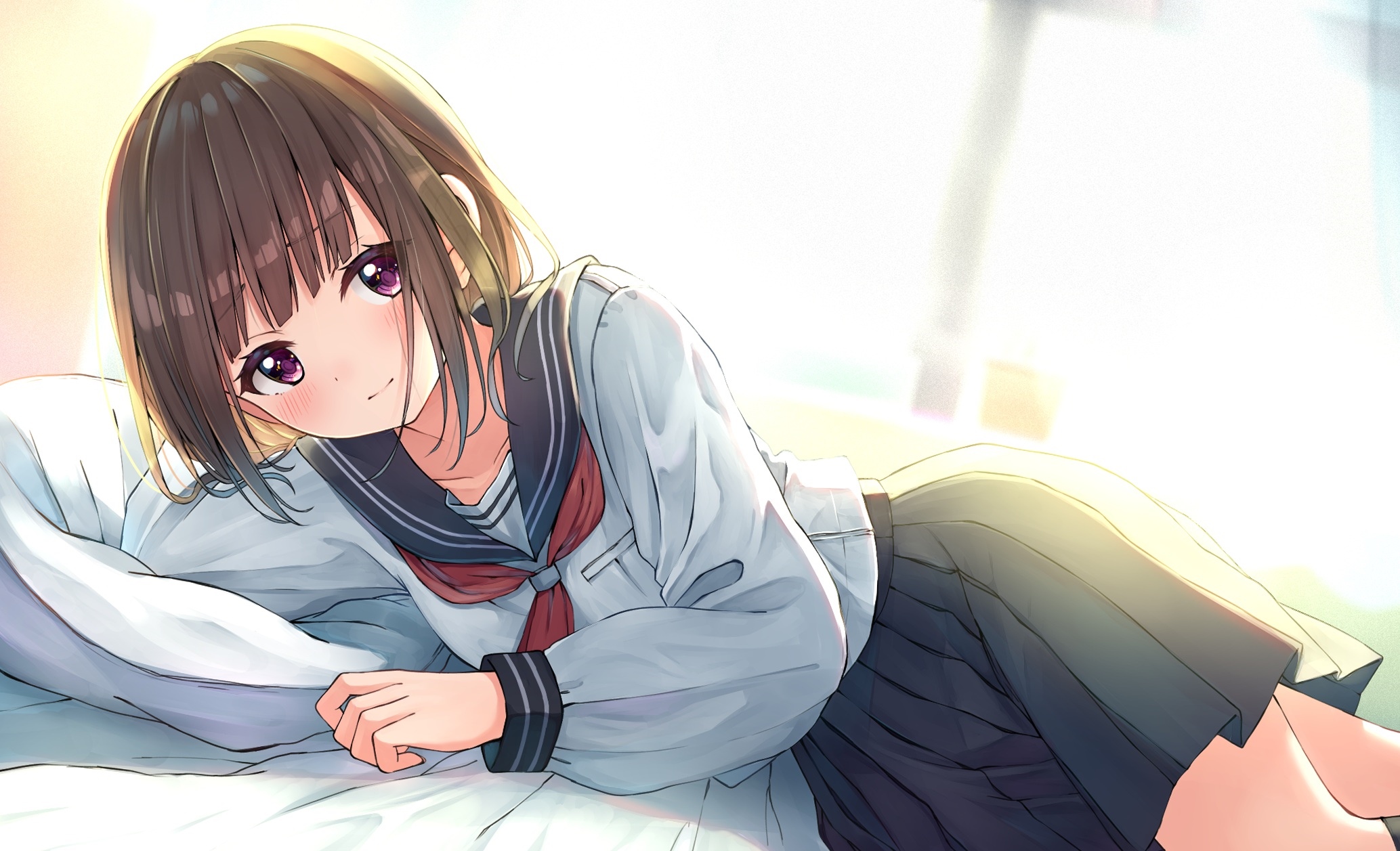 Artwork of Enuni in bed wearing a school uniform HD Wallpaper