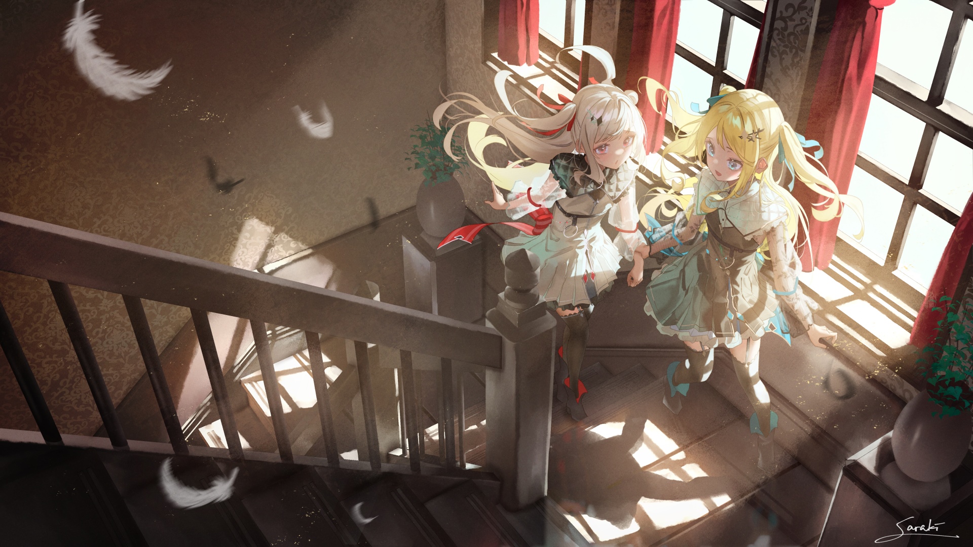 Saraki and blonde girl on stairs with feathers and sunlight HD Wallpaper