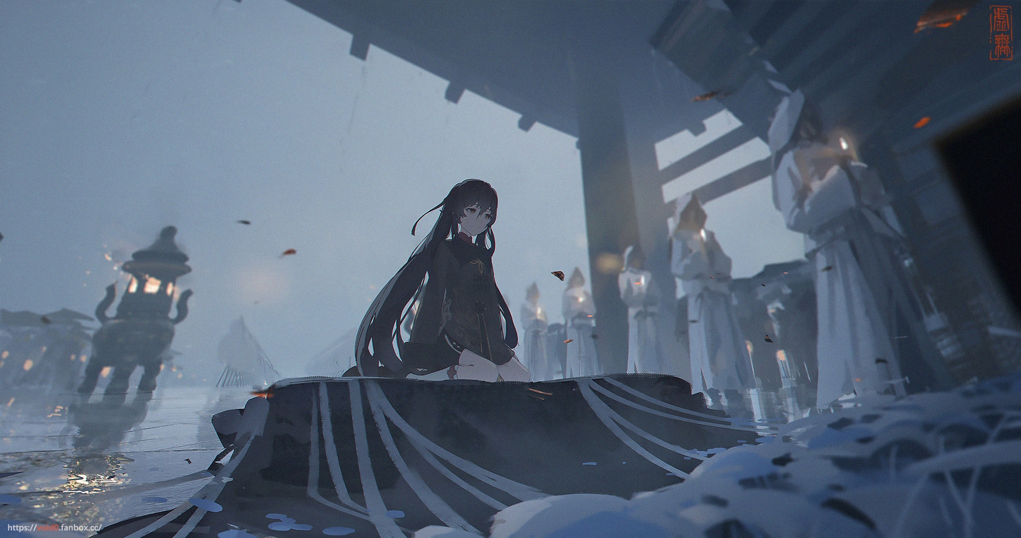 Hu Tao from Genshin Impact kneeling in a solemn ceremony HD Wallpaper