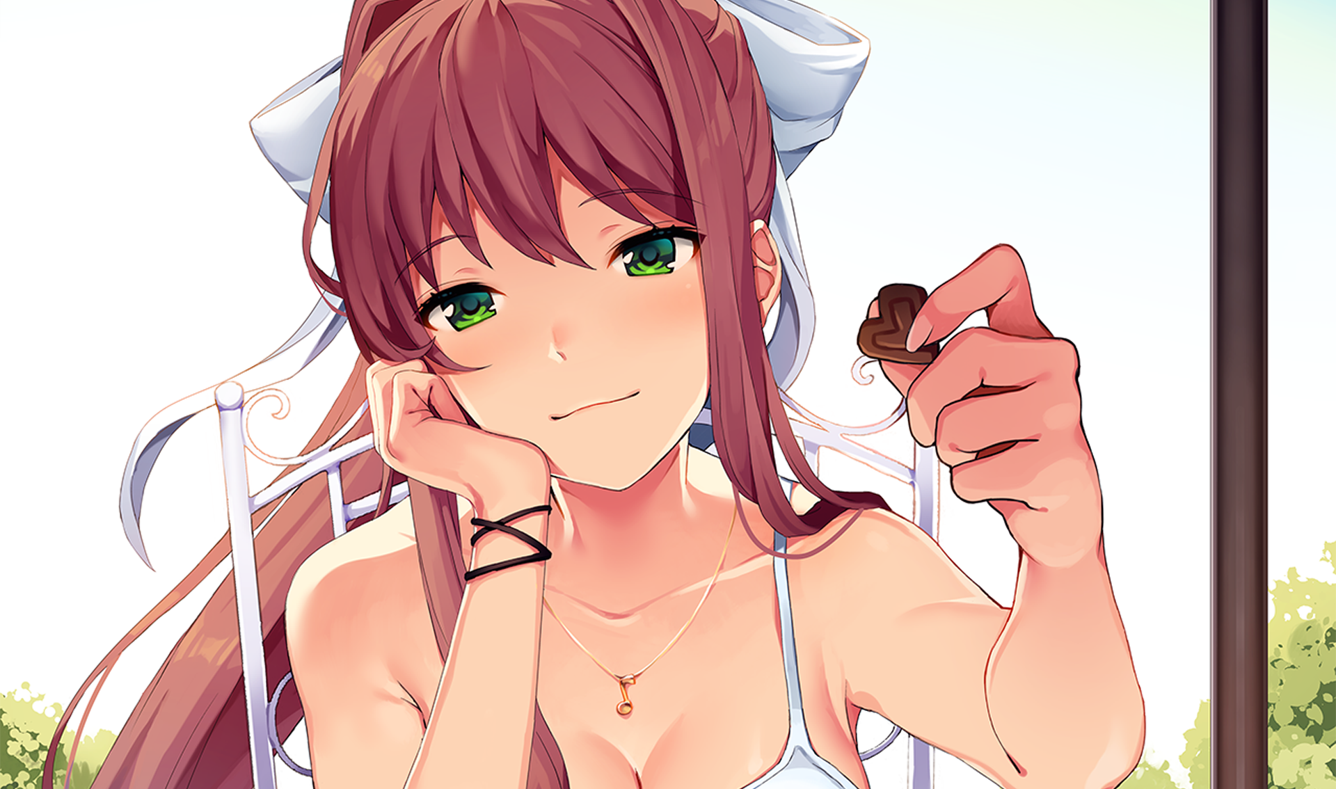 Monika from Doki Doki Literature Club holding chocolate HD Wallpaper
