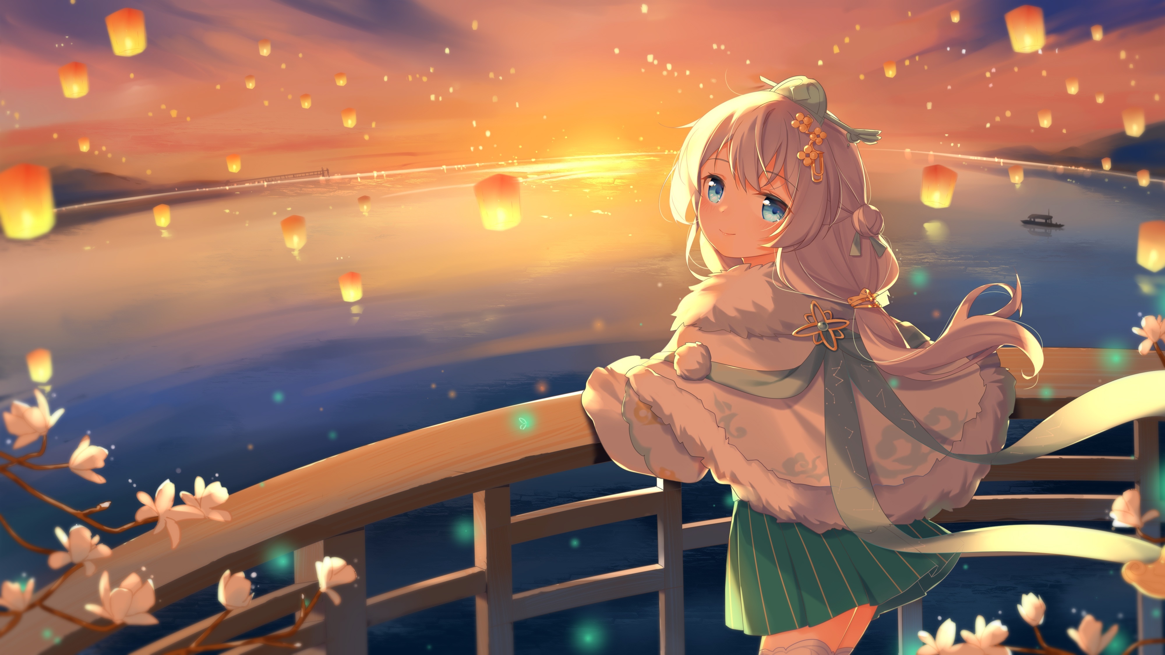 Theresa Apocalypse with lanterns over water HD Wallpaper