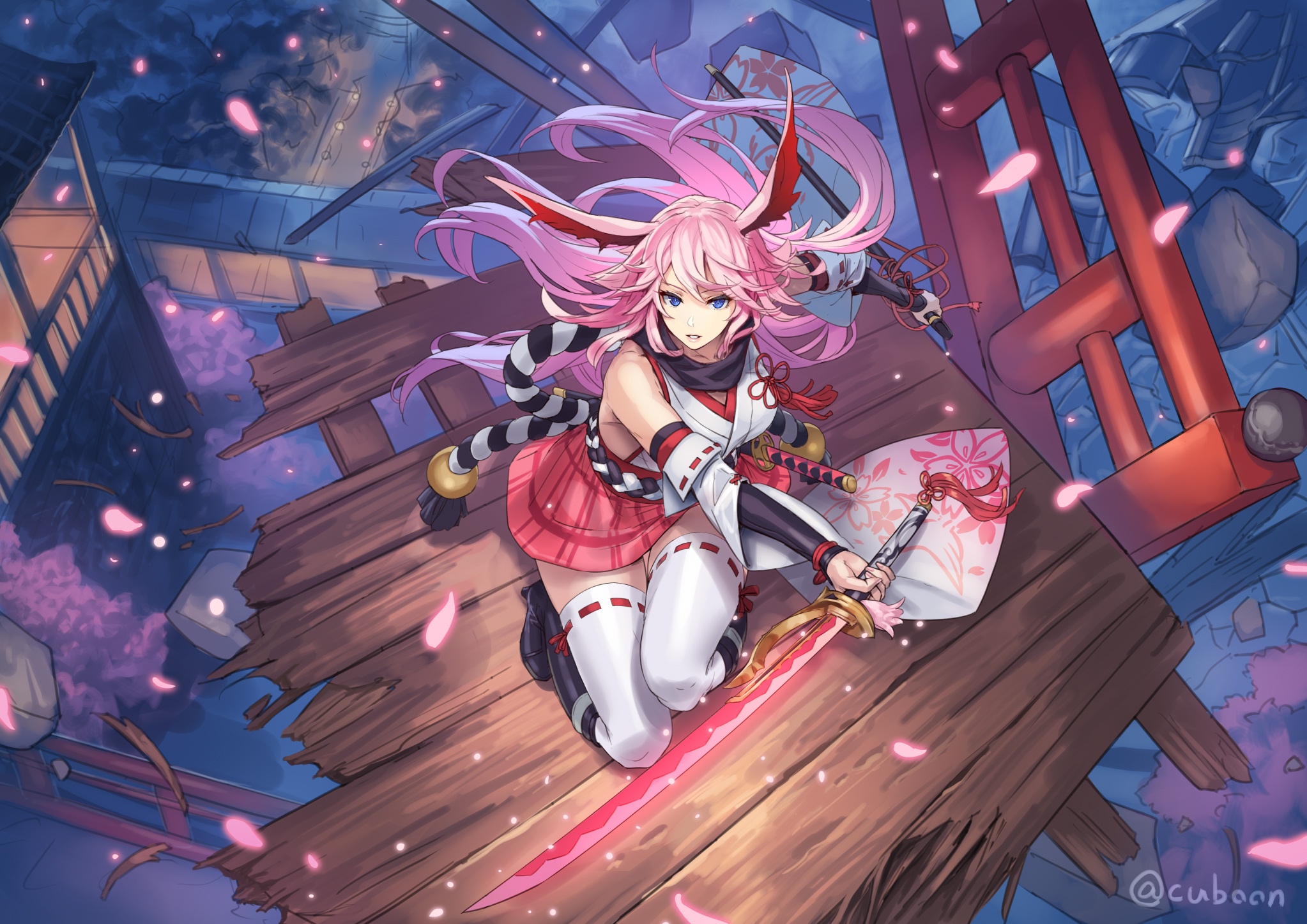 Yae Sakura with pink hair and bunny ears holding a sword HD Wallpaper