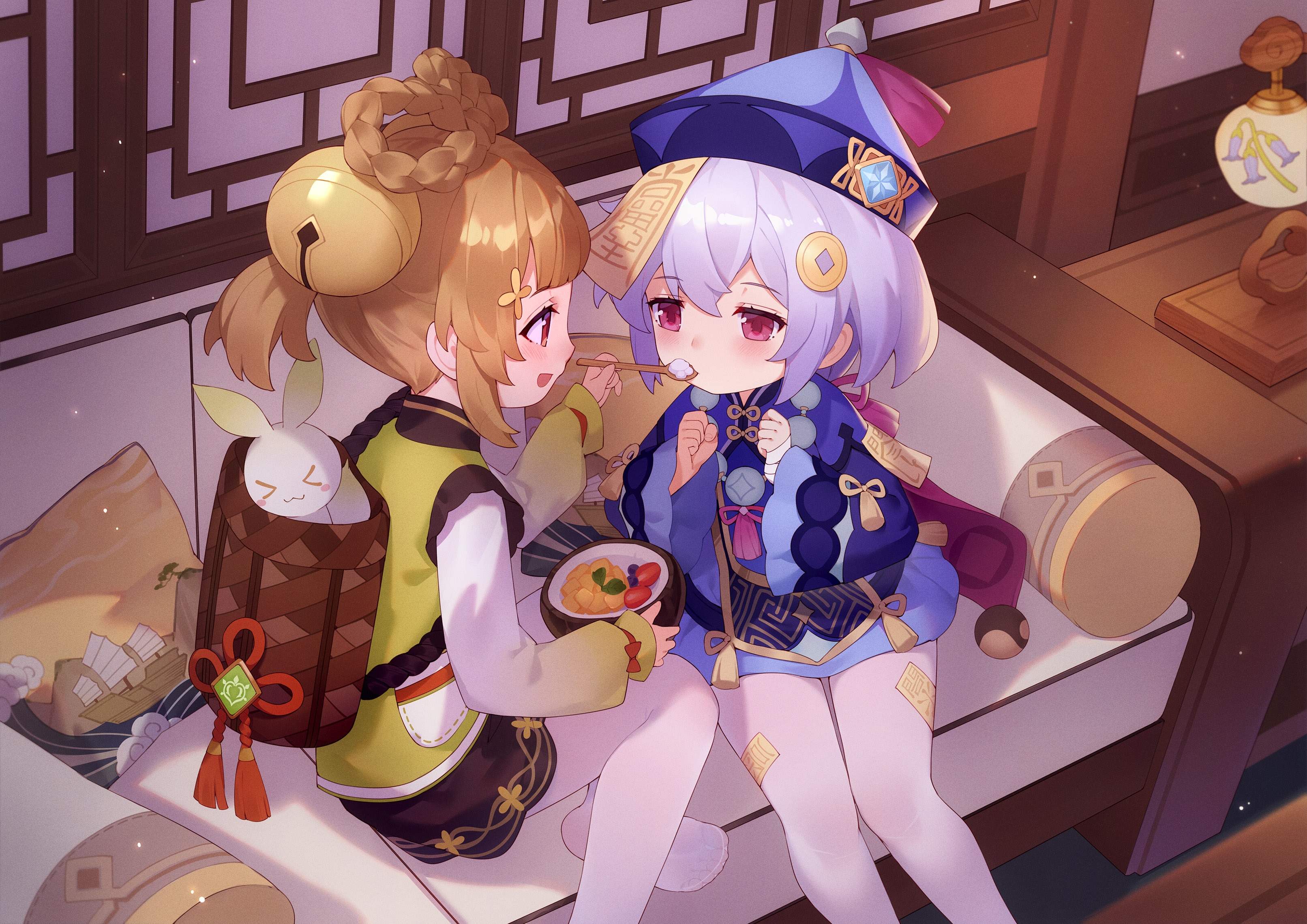 Qiqi and Yaoyao from Genshin Impact eating HD Wallpaper
