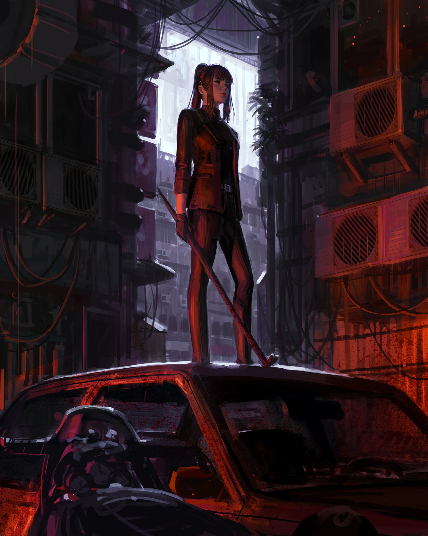 Woman in black suit standing on a car HD Phone Wallpaper