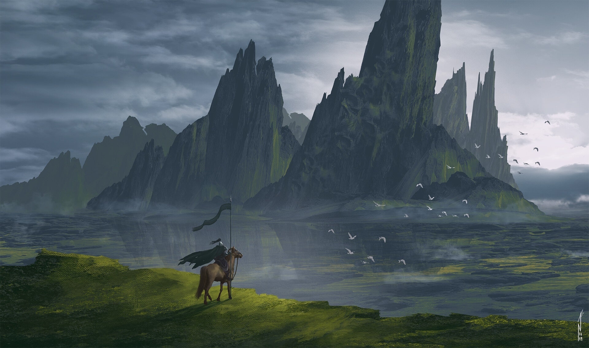 Knight on horseback with a flag in a fantasy landscape HD Wallpaper