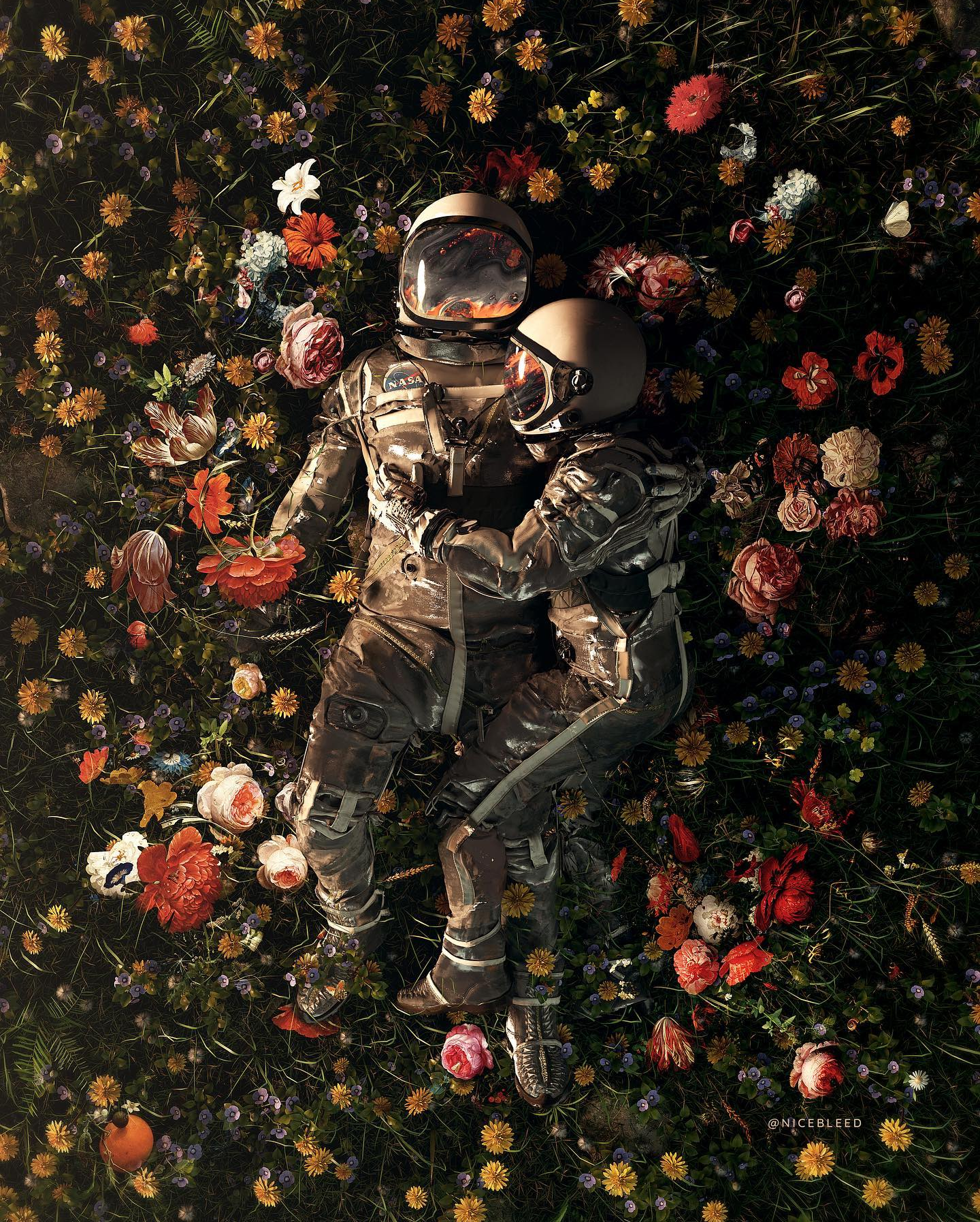 Astronaut couple lying in a field of flowers HD Phone Wallpaper