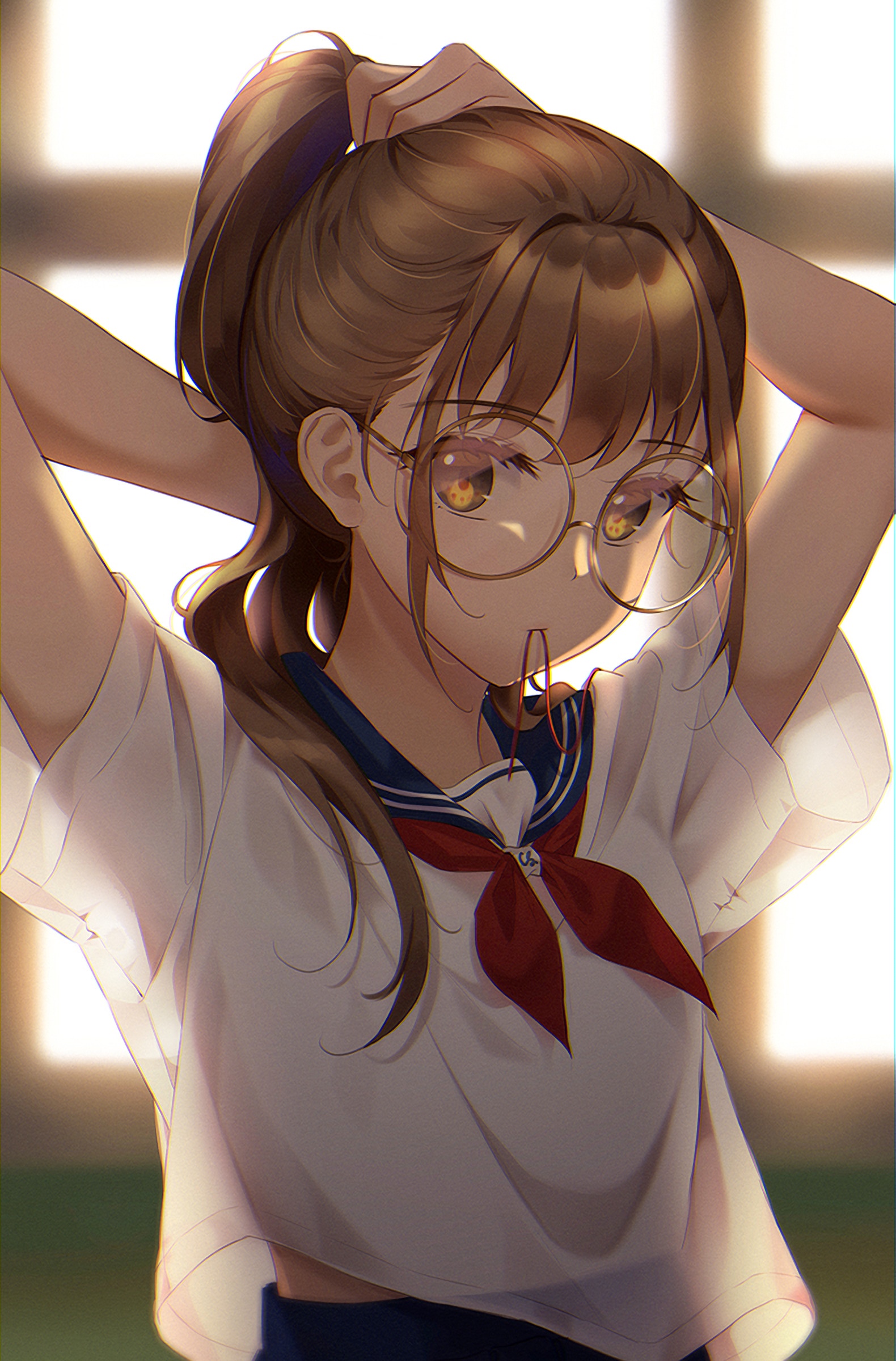 Anime schoolgirl with glasses tying her hair HD Phone Wallpaper