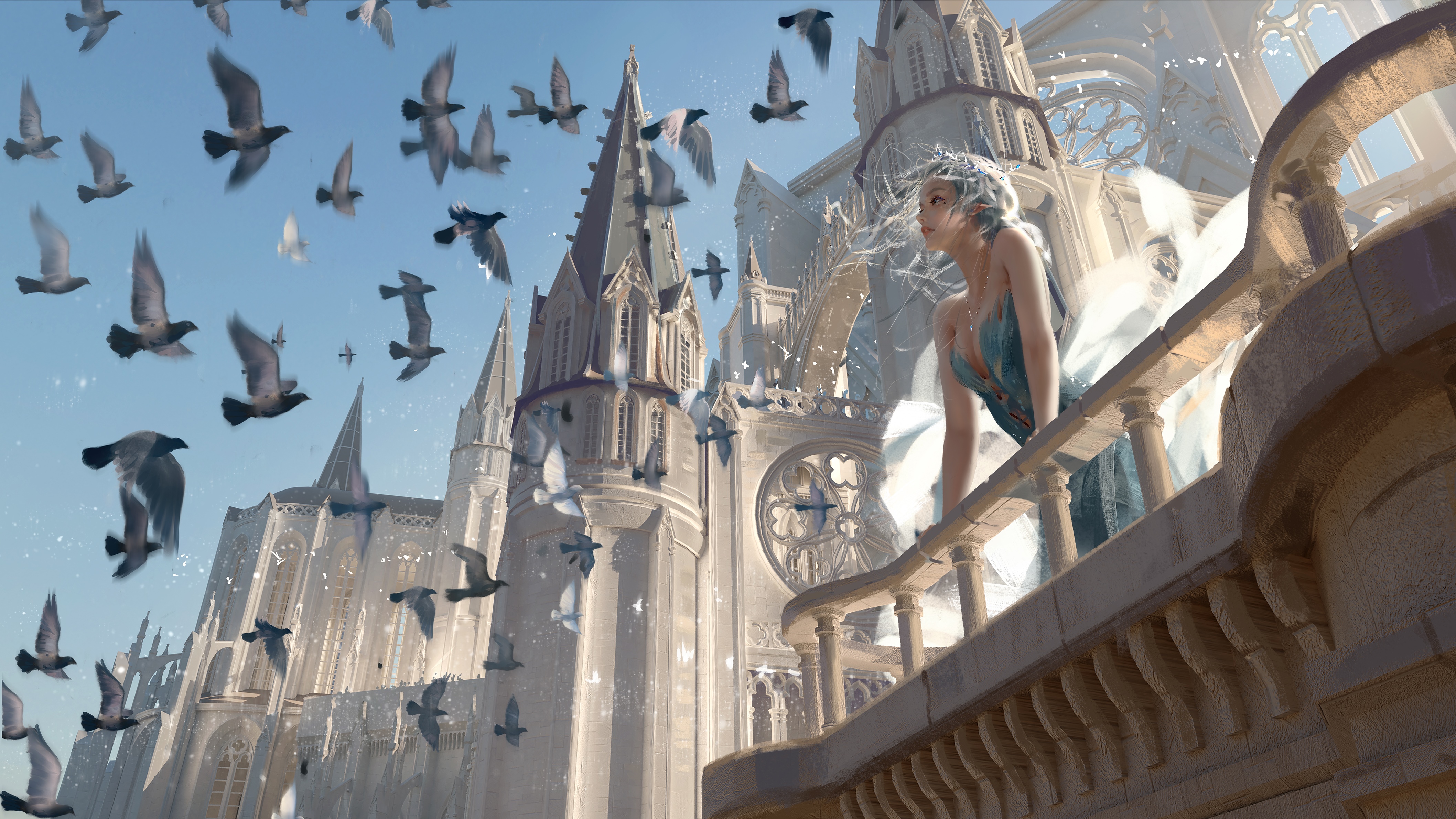 4K WLOP fantasy girl and pigeons near cathedral HD Wallpaper