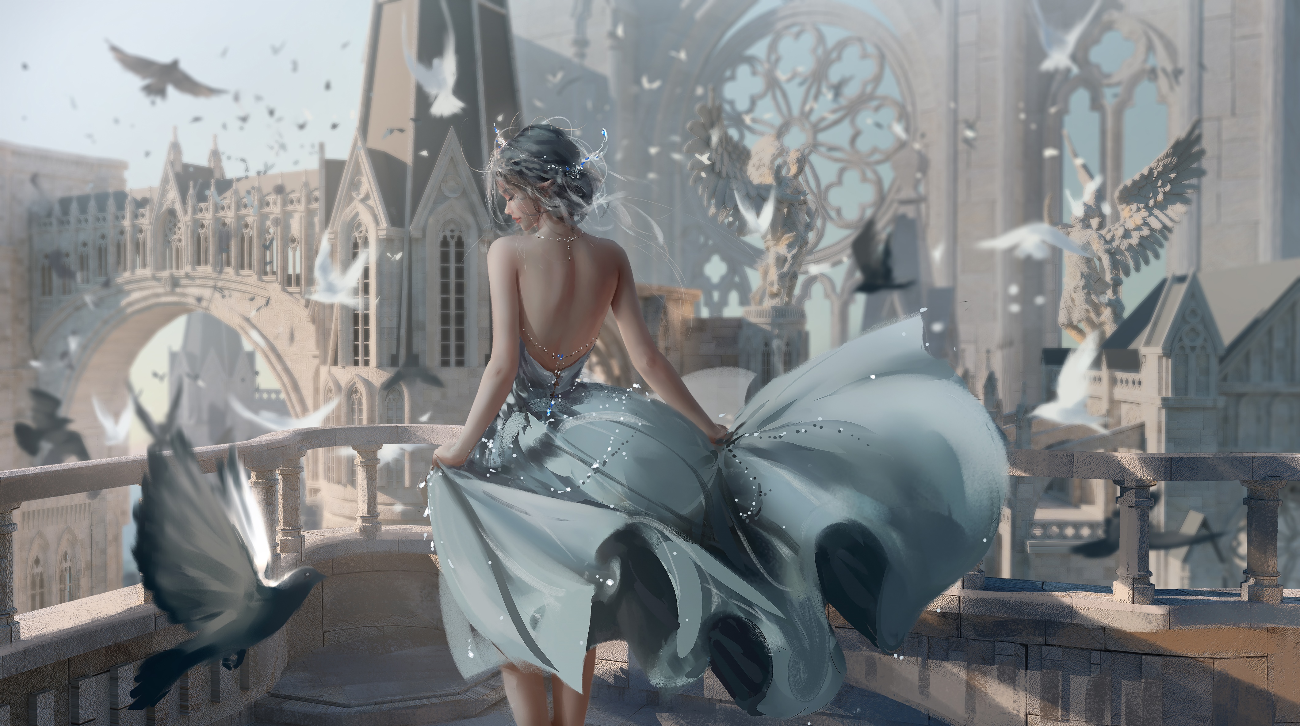 4K WLOP fantasy girl princess in fantasy architecture HD Wallpaper