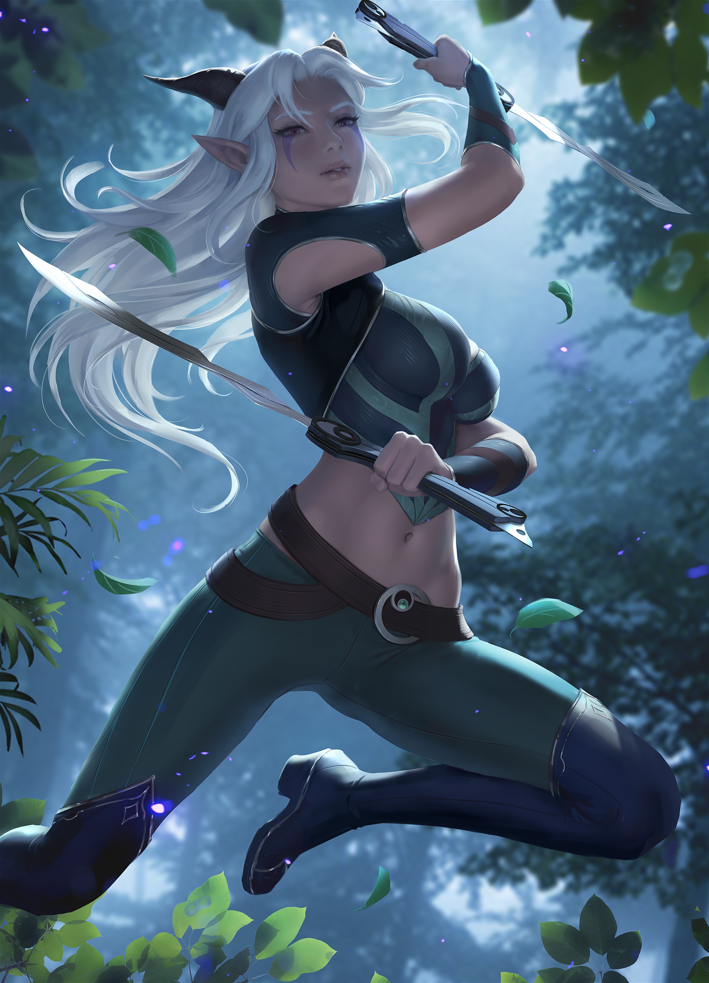 Rayla from The Dragon Prince with swords in a forest HD Phone Wallpaper