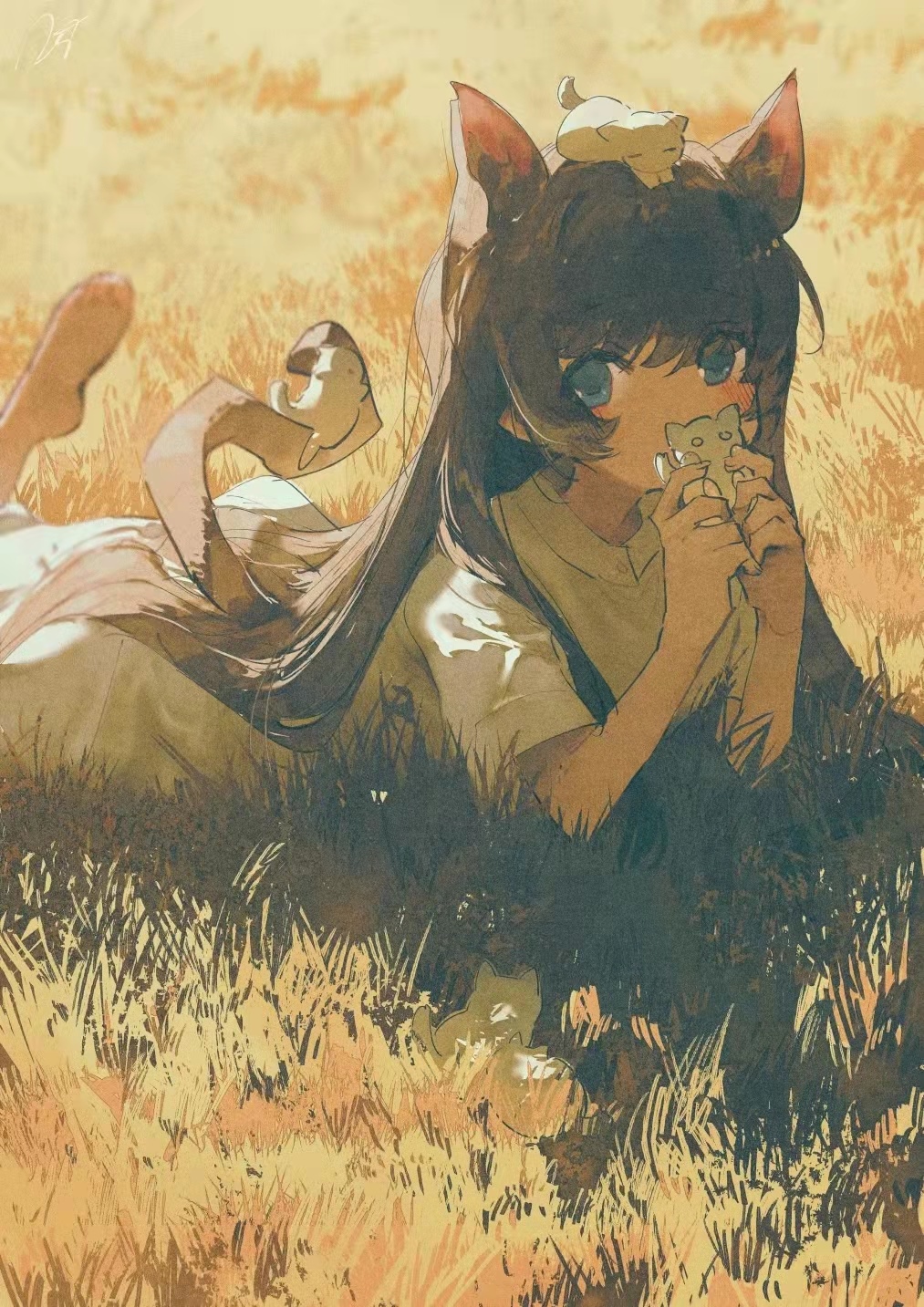Cat girl with a small creature in a grassy field HD Phone Wallpaper