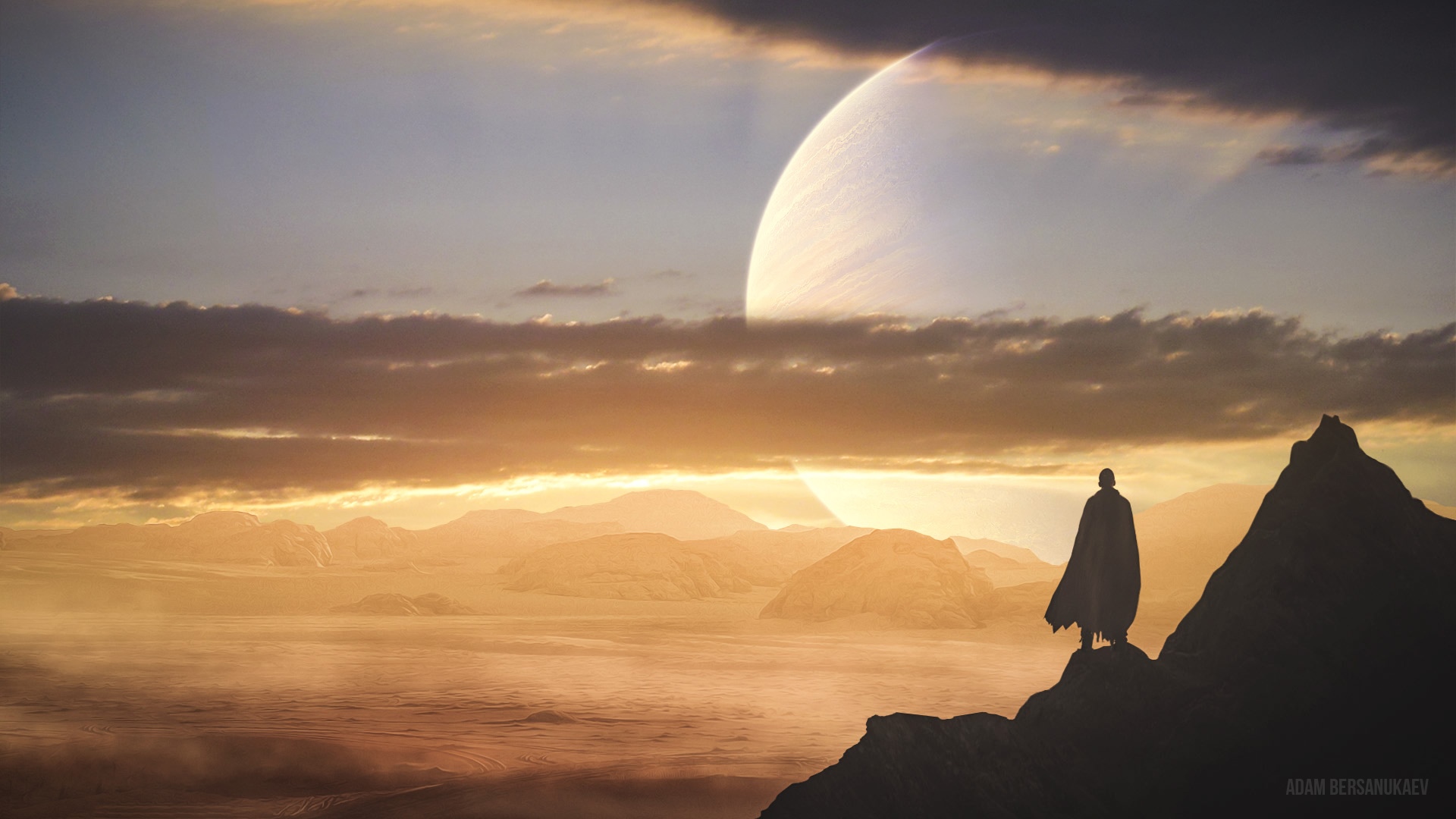 Figure in cloak on mountain overlooking alien landscape with large planet HD Wallpaper