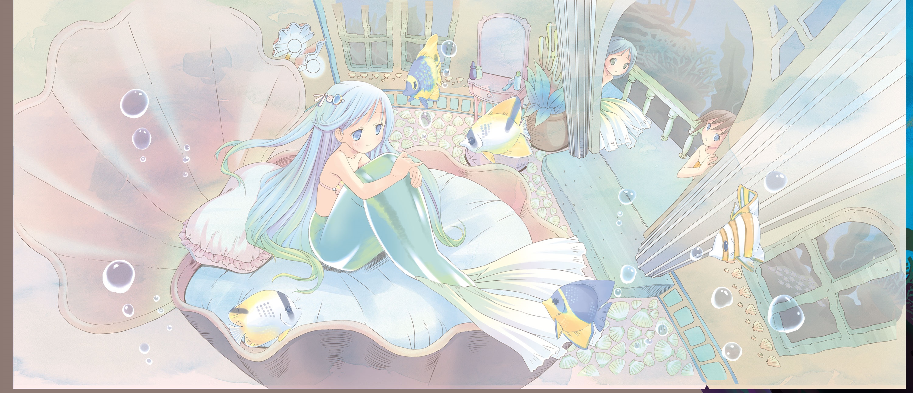 Mermaid sitting in a giant seashell with fish and girls HD Wallpaper