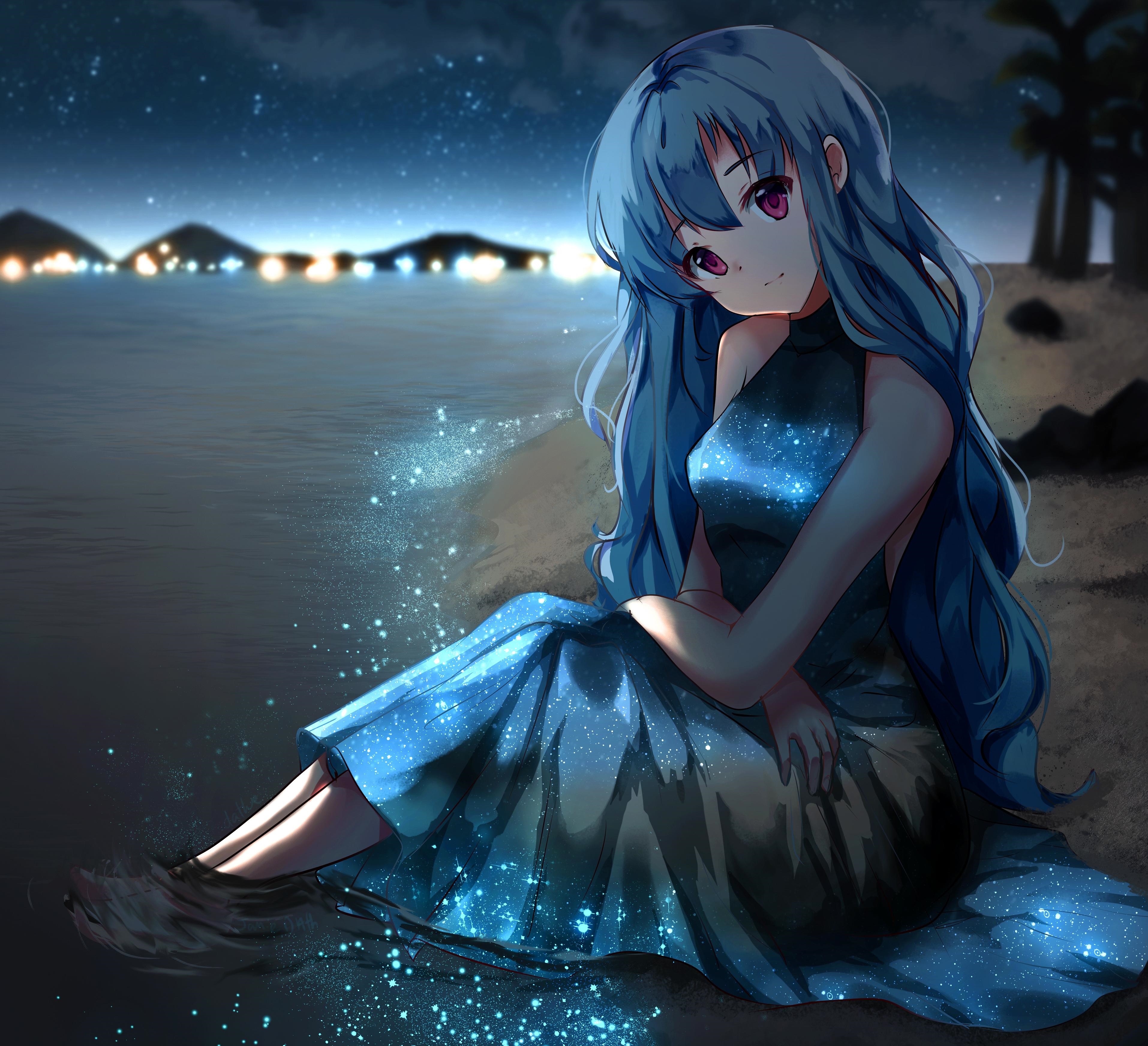 Girl with blue hair and purple eyes on a beach at night HD Wallpaper