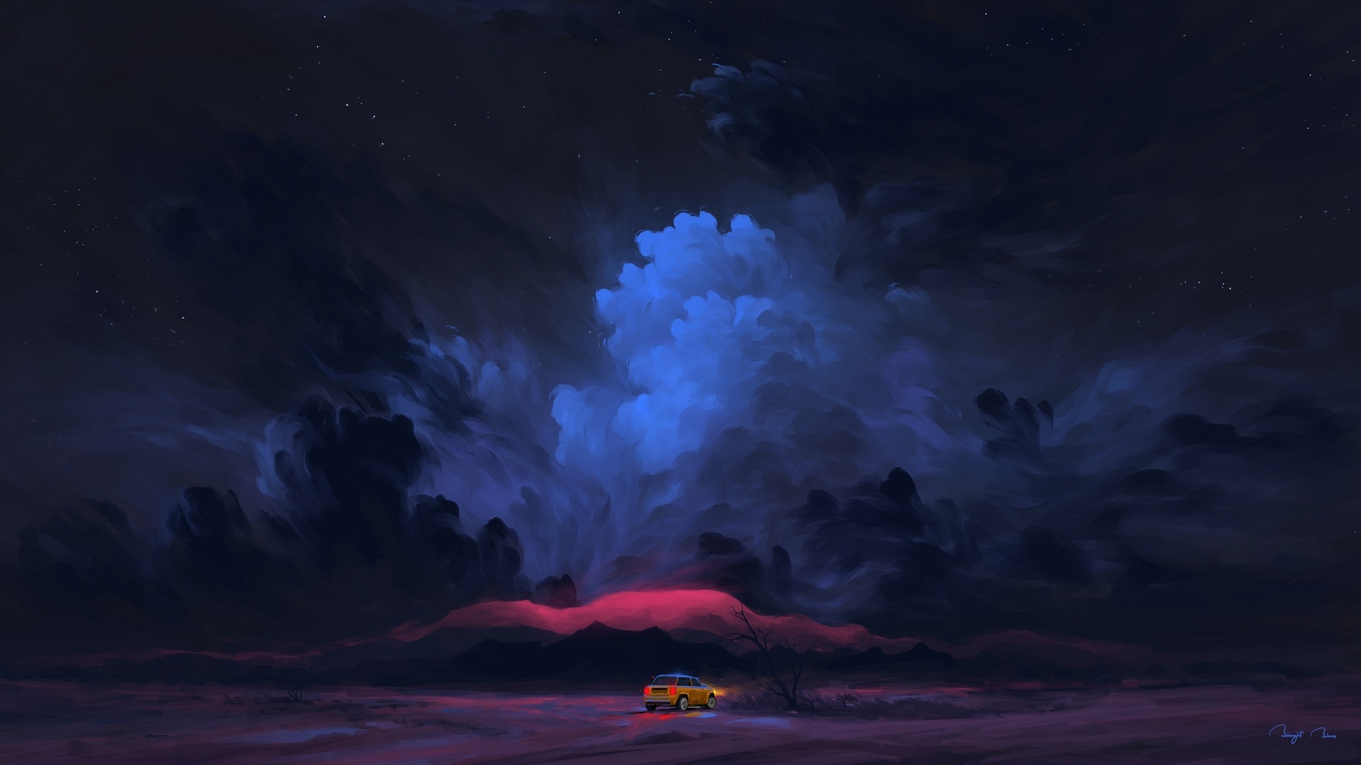 Yellow car parked under a dramatic night sky with clouds HD Wallpaper