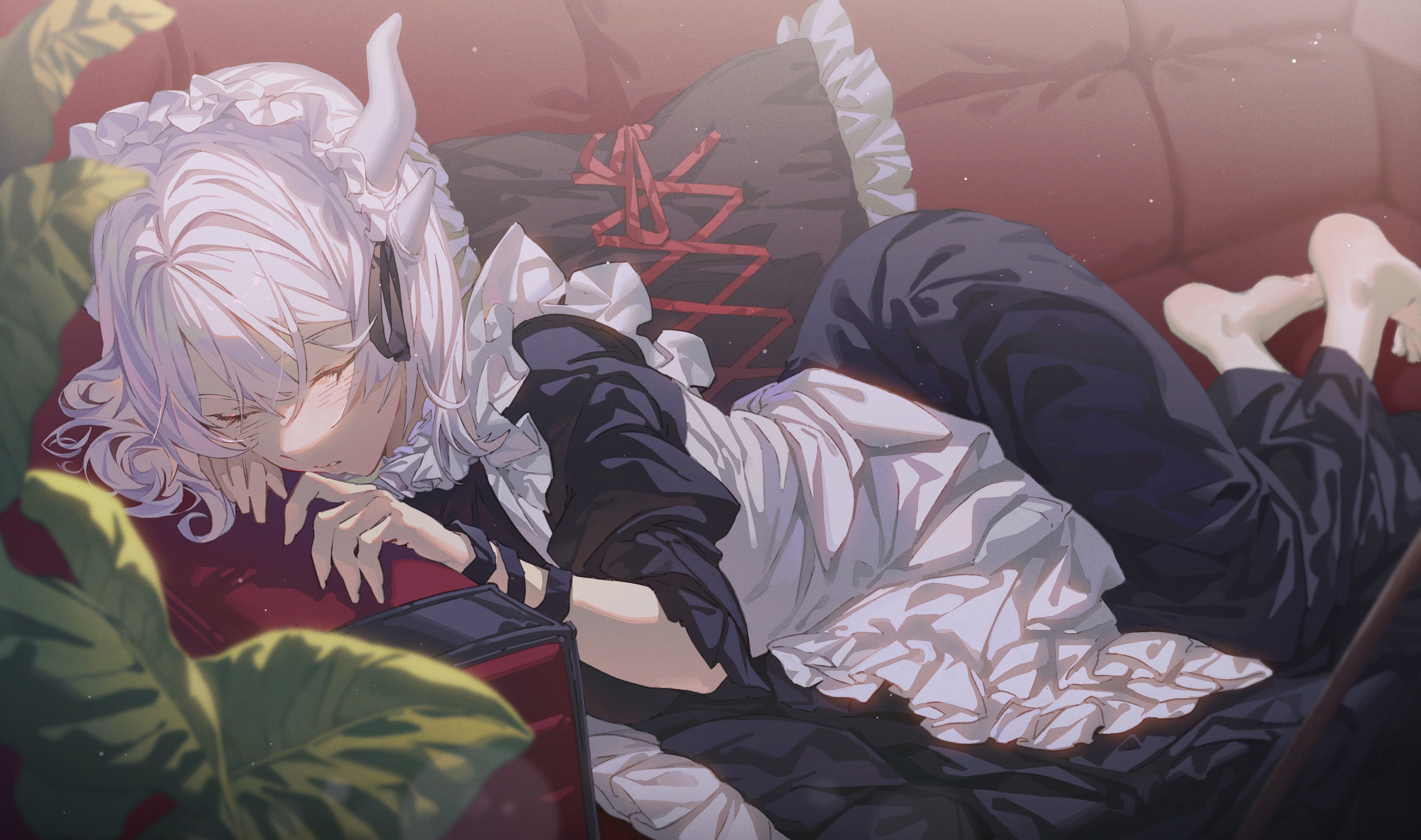 Maid character sleeping on a couch with plants HD Wallpaper