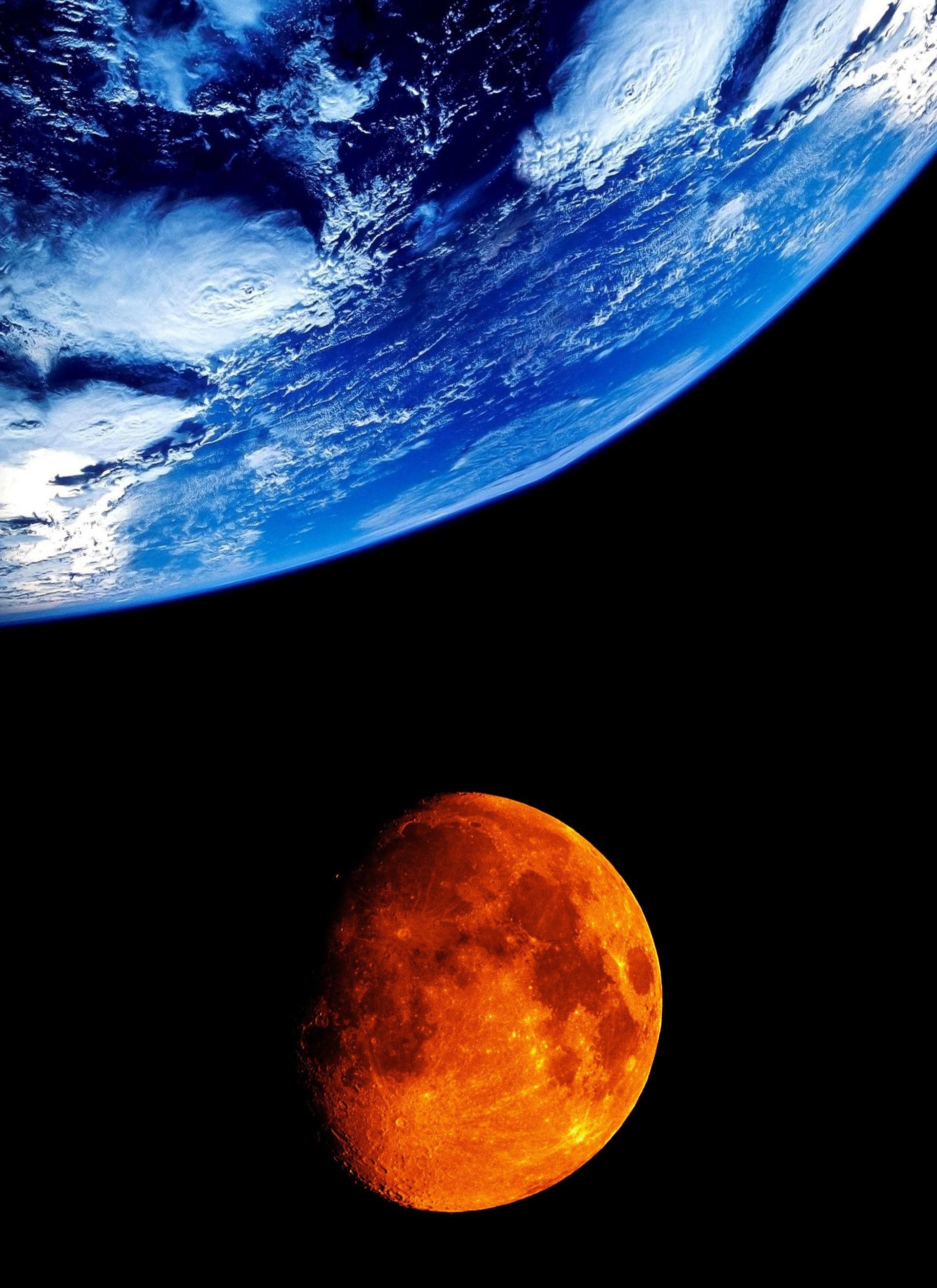 Earth and a red Moon in space HD Phone Wallpaper