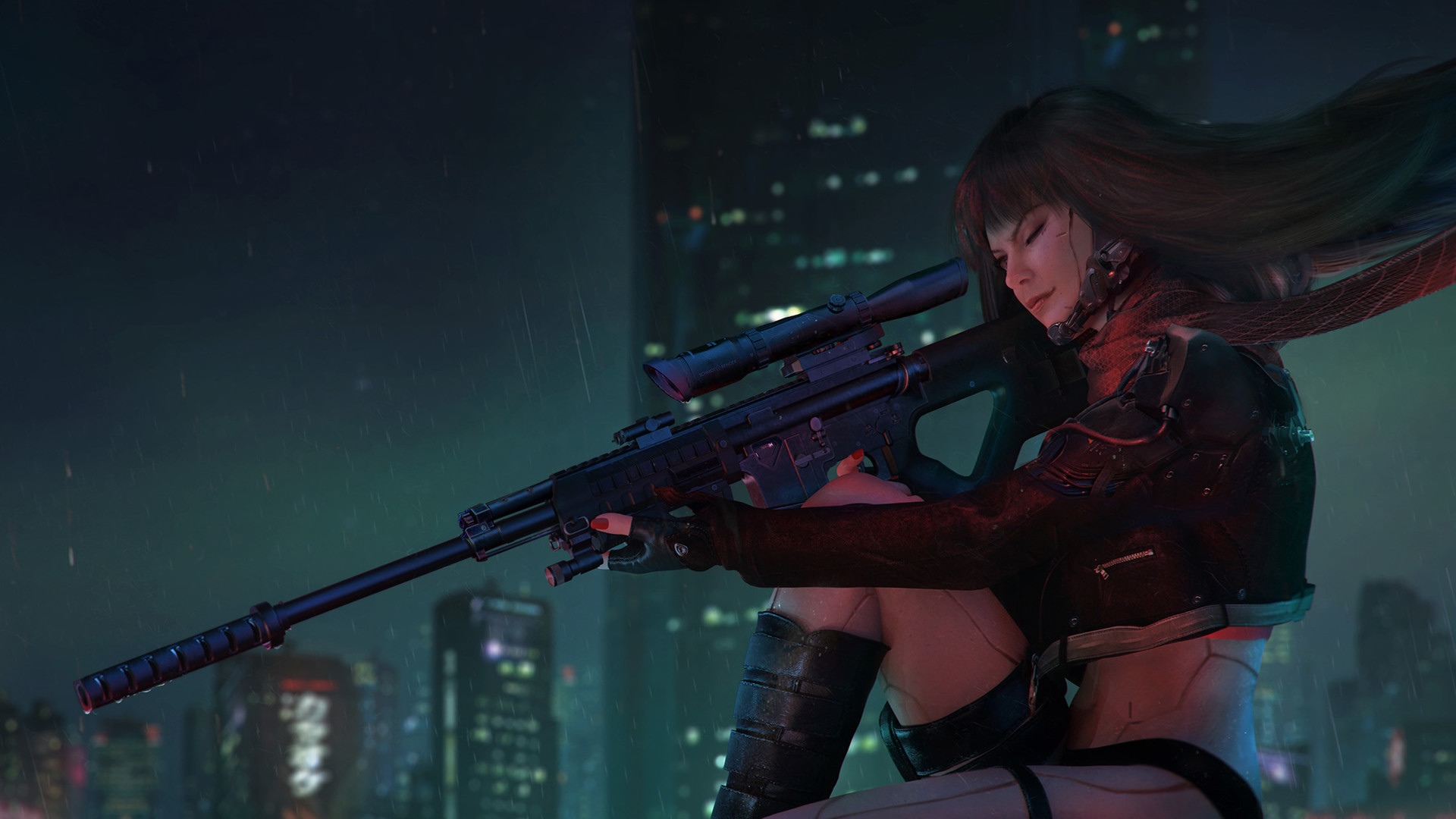 Cyberpunk woman with sniper rifle in city HD Wallpaper