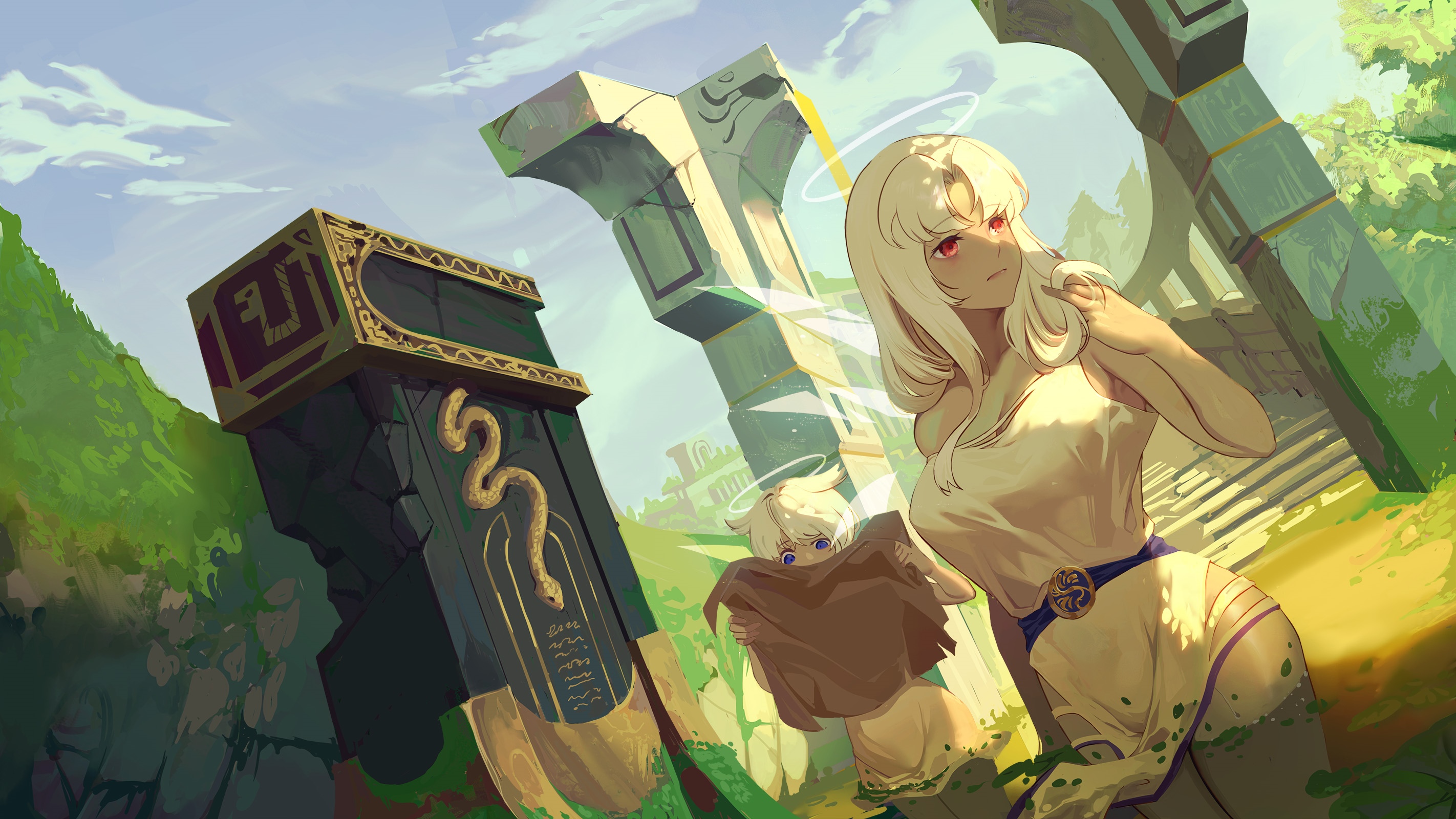 Wangxiii artwork with ruins and two figures HD Wallpaper