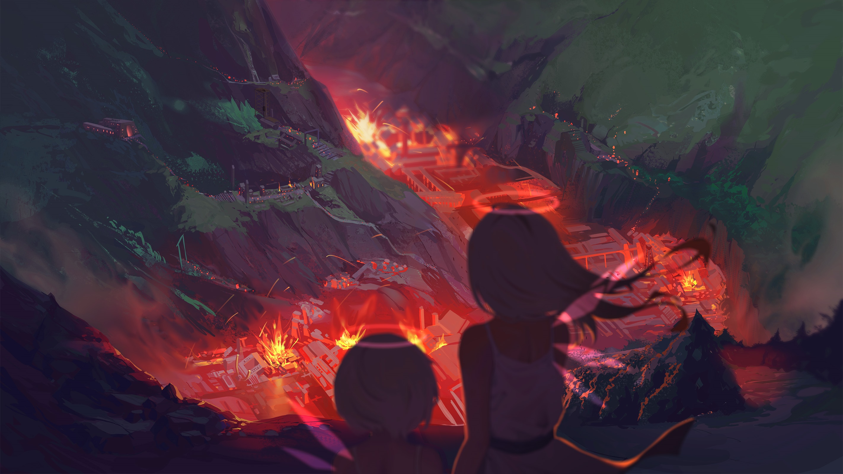 Artwork by Wangxiii featuring two figures with halos overlooking a burning city HD Wallpaper