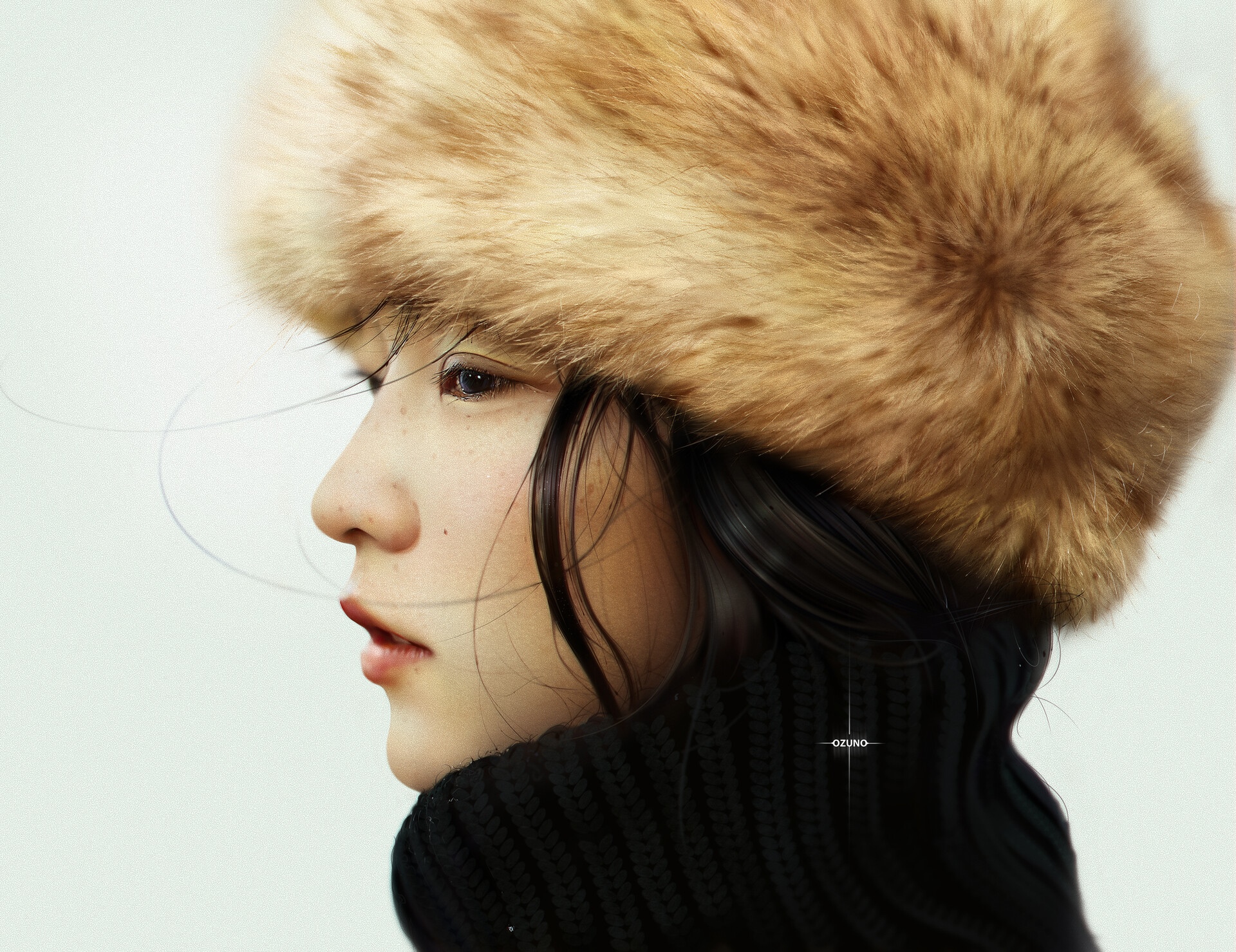 Woman wearing a fur hat and sweater HD Wallpaper