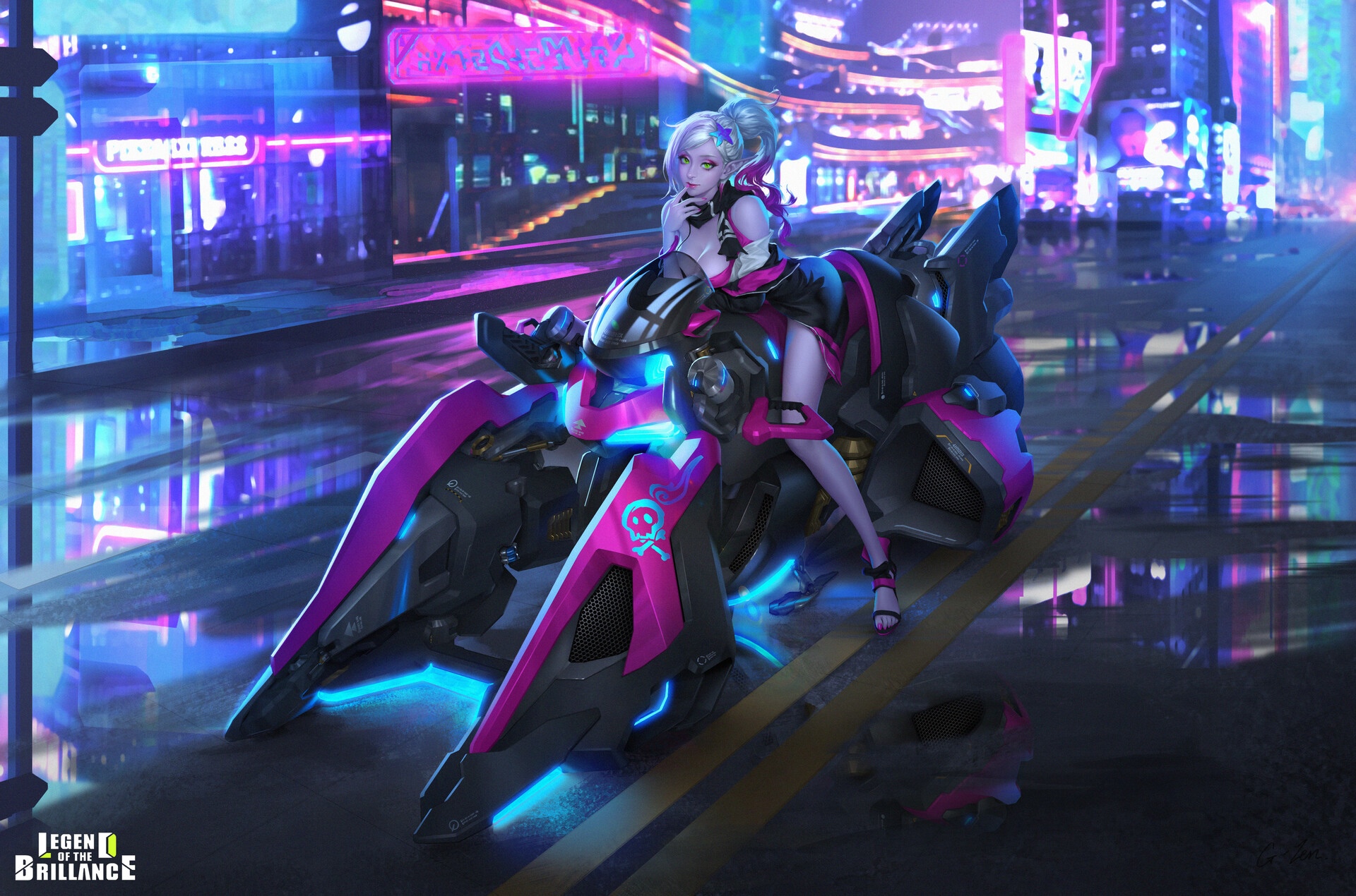 Woman on a futuristic motorcycle in a neon city HD Wallpaper