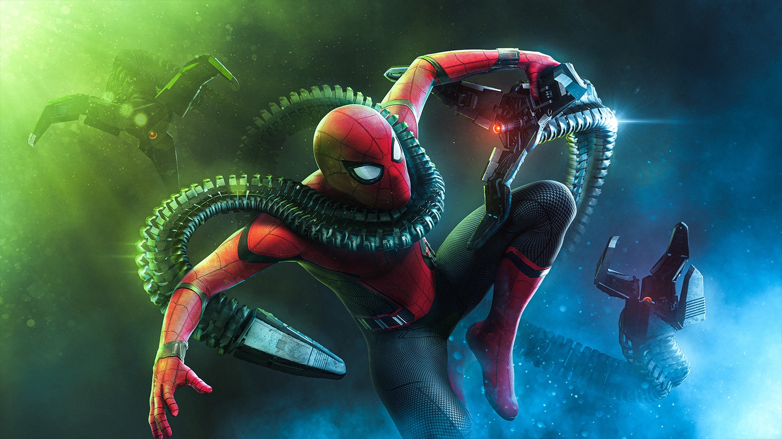 Spider-Man fighting Doctor Octopus's mechanical tentacles HD Wallpaper